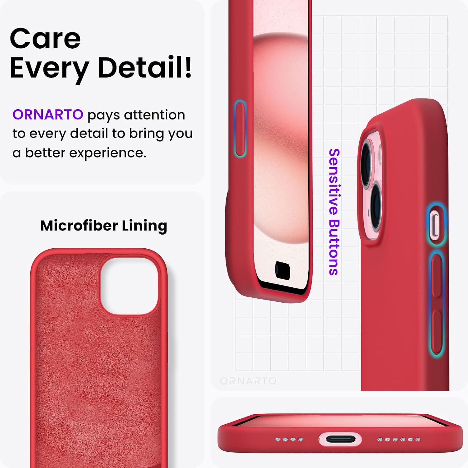 ORNARTO Compatible with iPhone 15 Plus Case 6.7", Slim Liquid Silicone 3 Layers Full Covered Soft Gel Rubber Cover Protective Phone Case with Anti-Scratch Microfiber Lining-Red thumbnail