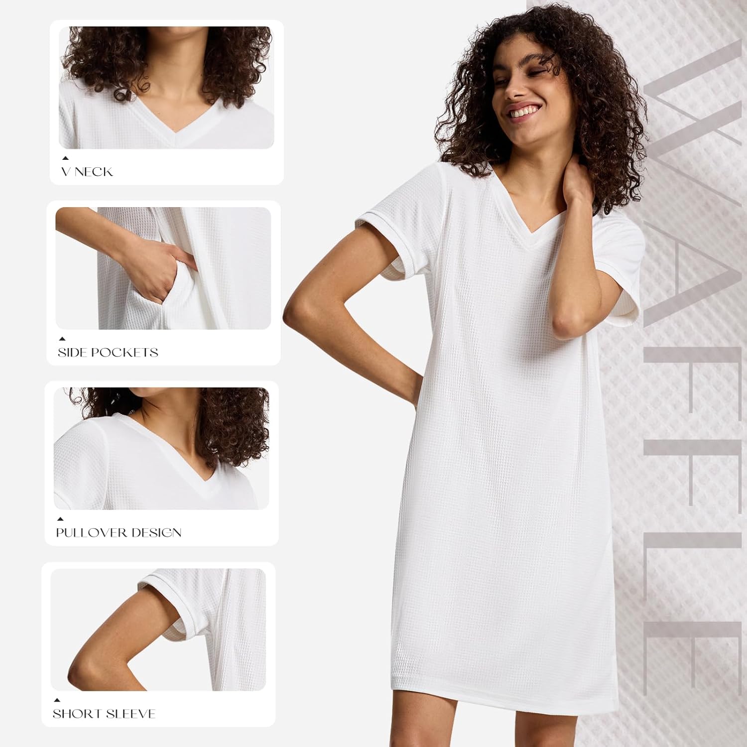 SIORO Nightgowns for Women Short Sleeve Sleep Shirt V Neck Nightshirt Summer Waffle Sleepwear Comfy Sleep Dress with Pockets - Image 4