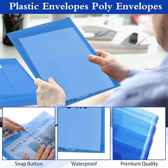 ReliThick 12 Pack Plastic Envelopes with Button and String Tie Closure Expandable Poly String Envelopes Plastic File Folder Letter A4 Size 1-1/4 Inch Expansion(Blue)