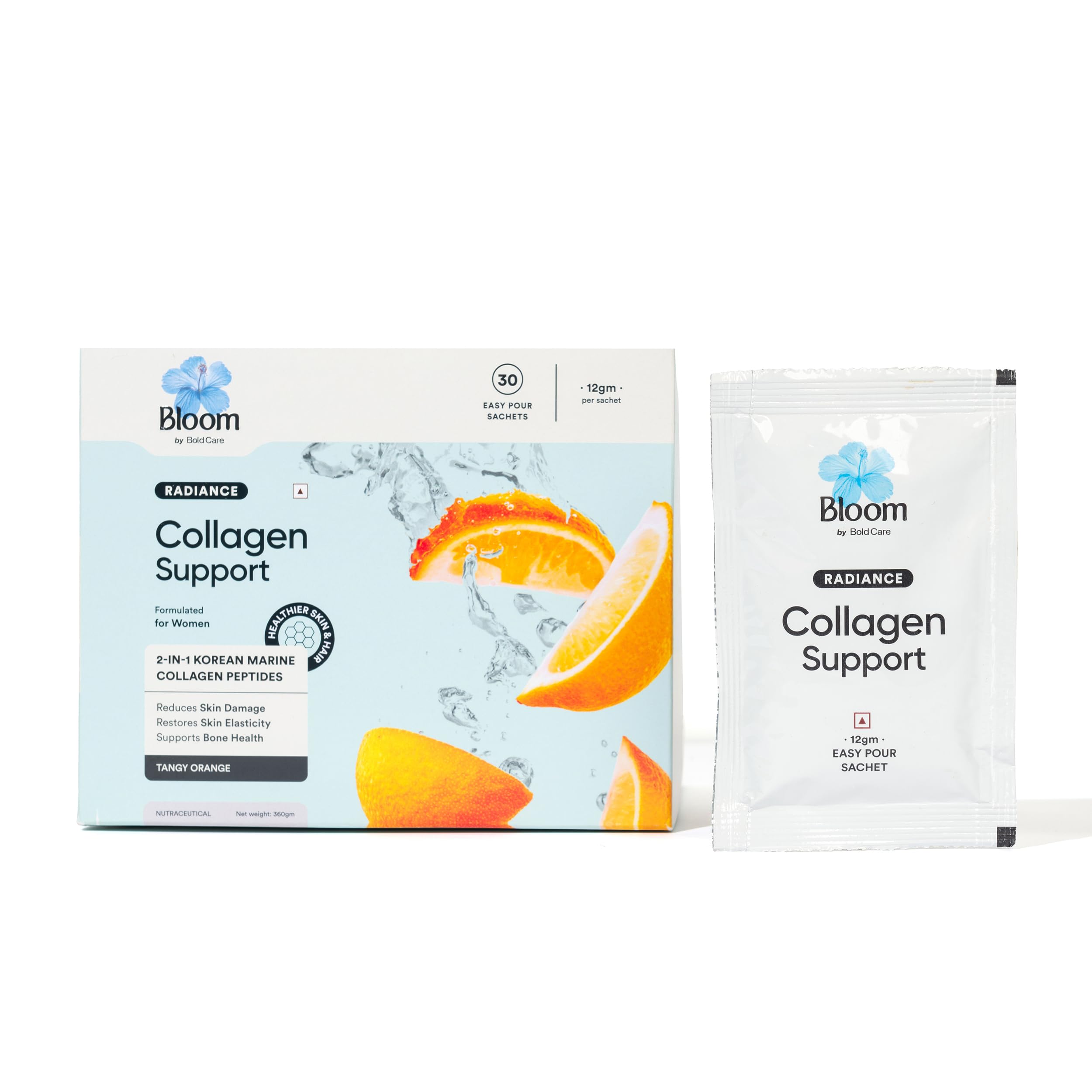 Bloom Collagen Powder + Antioxidants Easy Pour Sticks | 30 Easy Pour Sticks (Pack of 1) | Collagen Supplements for Women | For Skin Elasticity and Hyperpigmentation | Orange Flavour