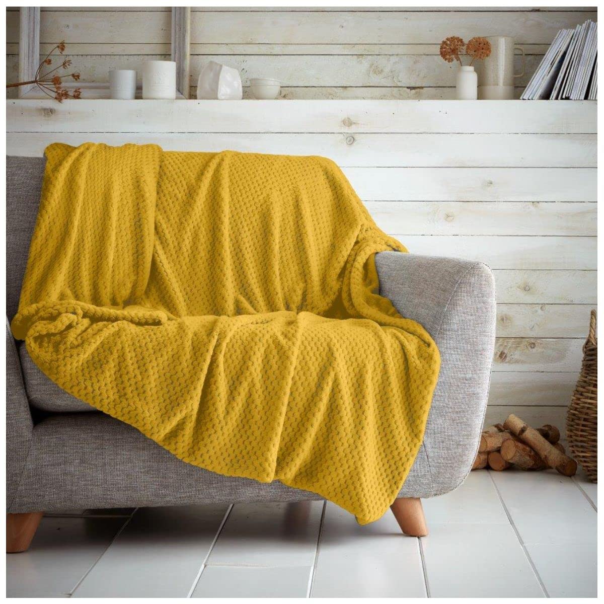 GC GAVENO CAVAILIA Premium Waffle Fleece Teddy Throw Blanket, Soft Warm Sofa Bed Pop Corn Blankets, 200X240, Ochre
