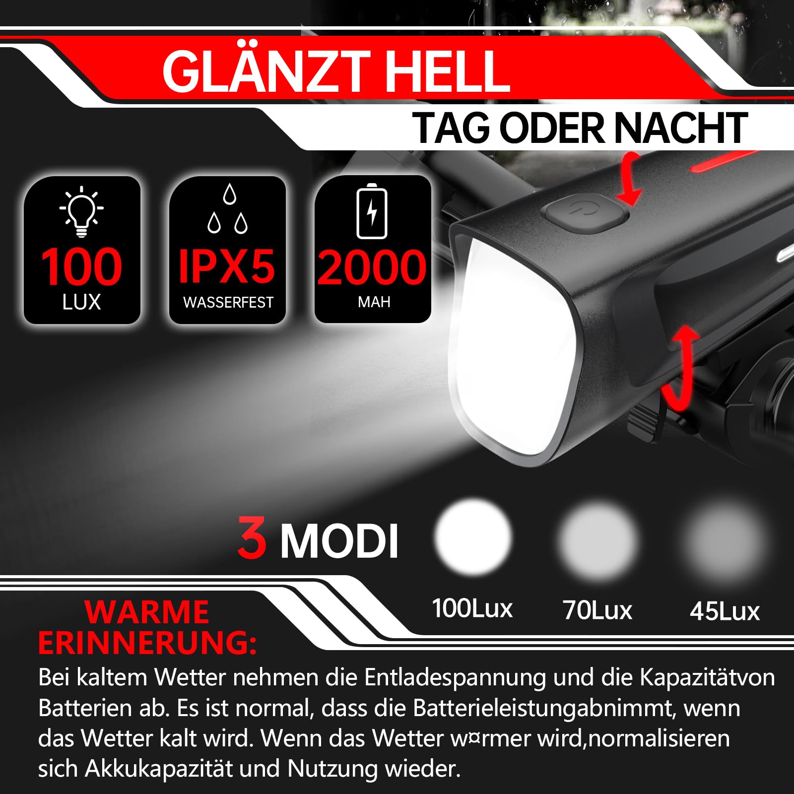 BOLEi Kit d'éclairage LED pour vélo - 100 lux - Homologué StVZO - Éclairage de vélo rechargeable par USB - Étanche IPX5 - Invitation de batterie (feu avant + feu stop arrière)