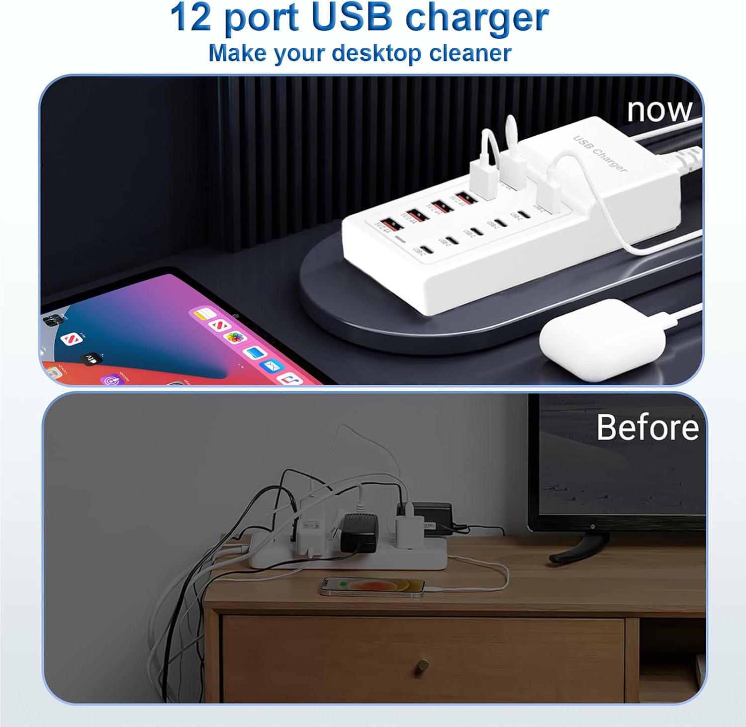 USB Charging Station, 12 Ports USB C Charger, 50W/10A MultiPort Charging Block[6 USBC+6 USBA], Compatible with iPhone 16/15/14/13/Samsung/Tablet/Watch/Headphones and Multiple Charger Plug
