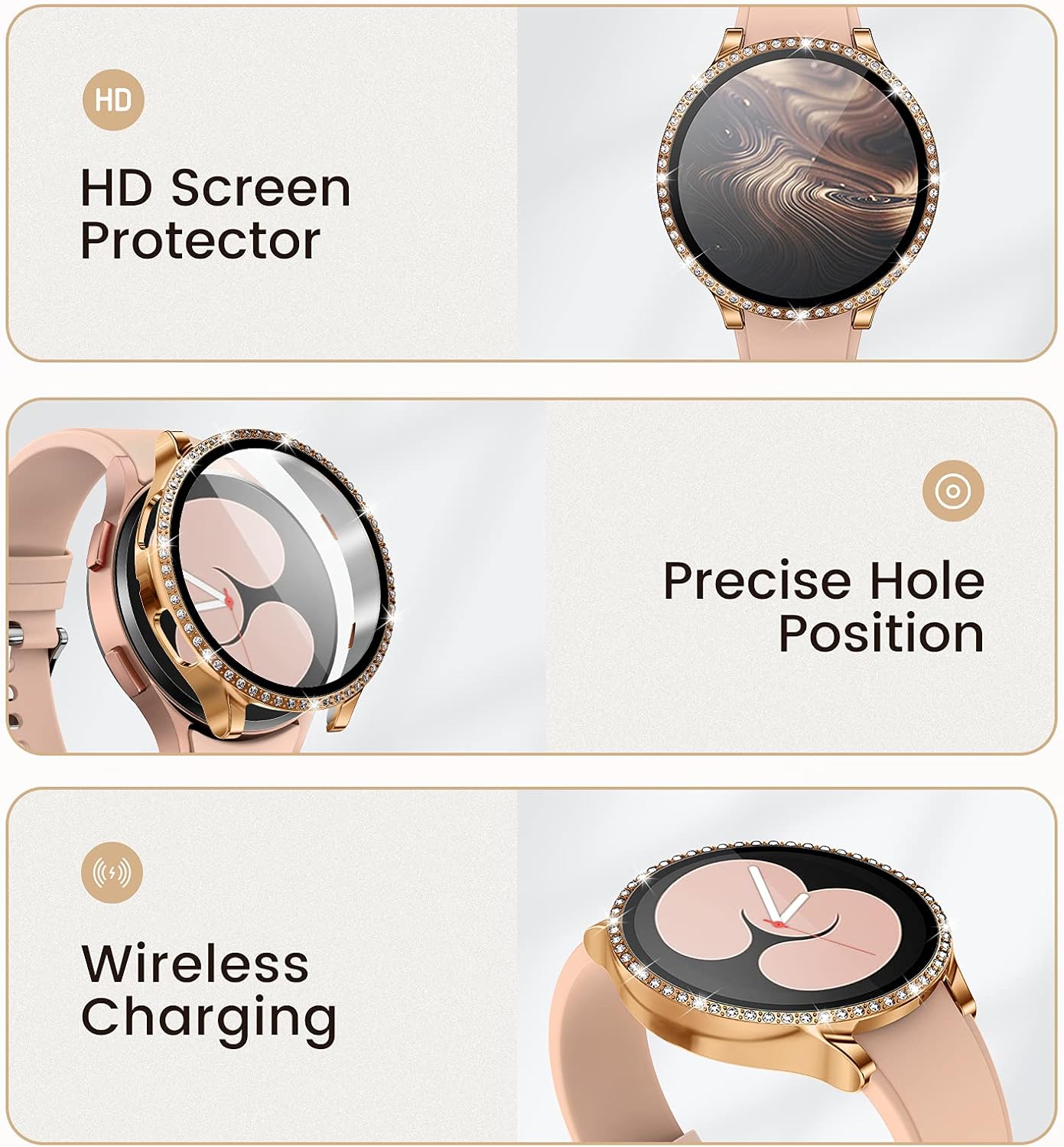 Goton Compatible for Samsung Galaxy Watch 4 Screen Protector 44mm 2021, PC Crystal Diamonds Design Full Bumper Cover Accessories Shell Replacement for Women Girl. (Rosegold, 44mm)