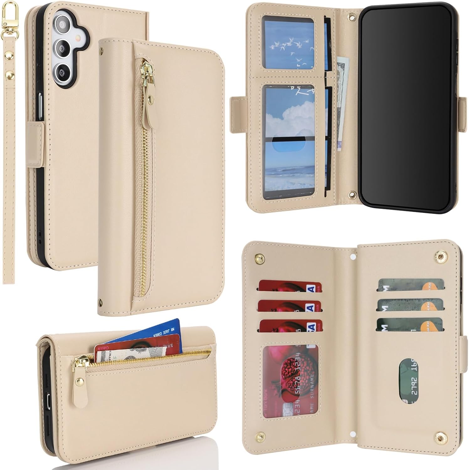 for Samsung Galaxy A14 5G Wallet Case for Women Men,PU Leather Phone Case with Card Holder for Samsung A14 5G,Wrist Strap Zipper Credit Card Slots Flip Cover,Beige