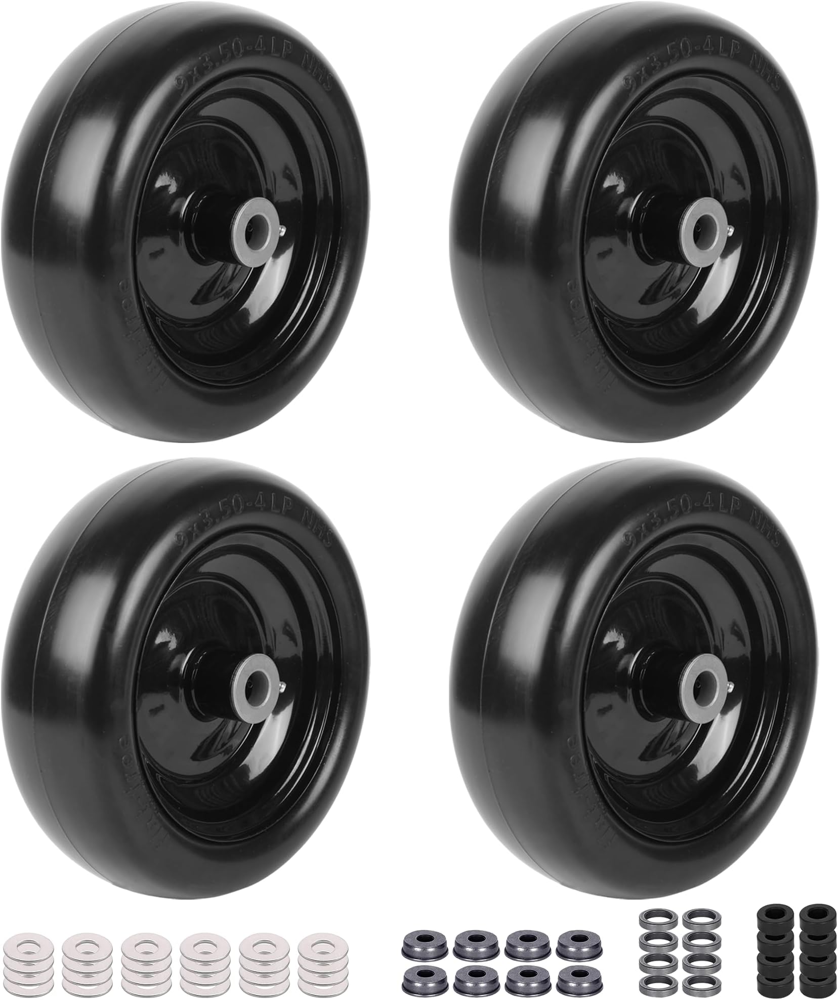 (4-Pack) 9x3.50-4” Flat Free Lawnmower Tire with 3.5" Centered Hub, 3/4" Bushings and Wheel Assemblies - PU Tire on Wheel and Adapter Kits