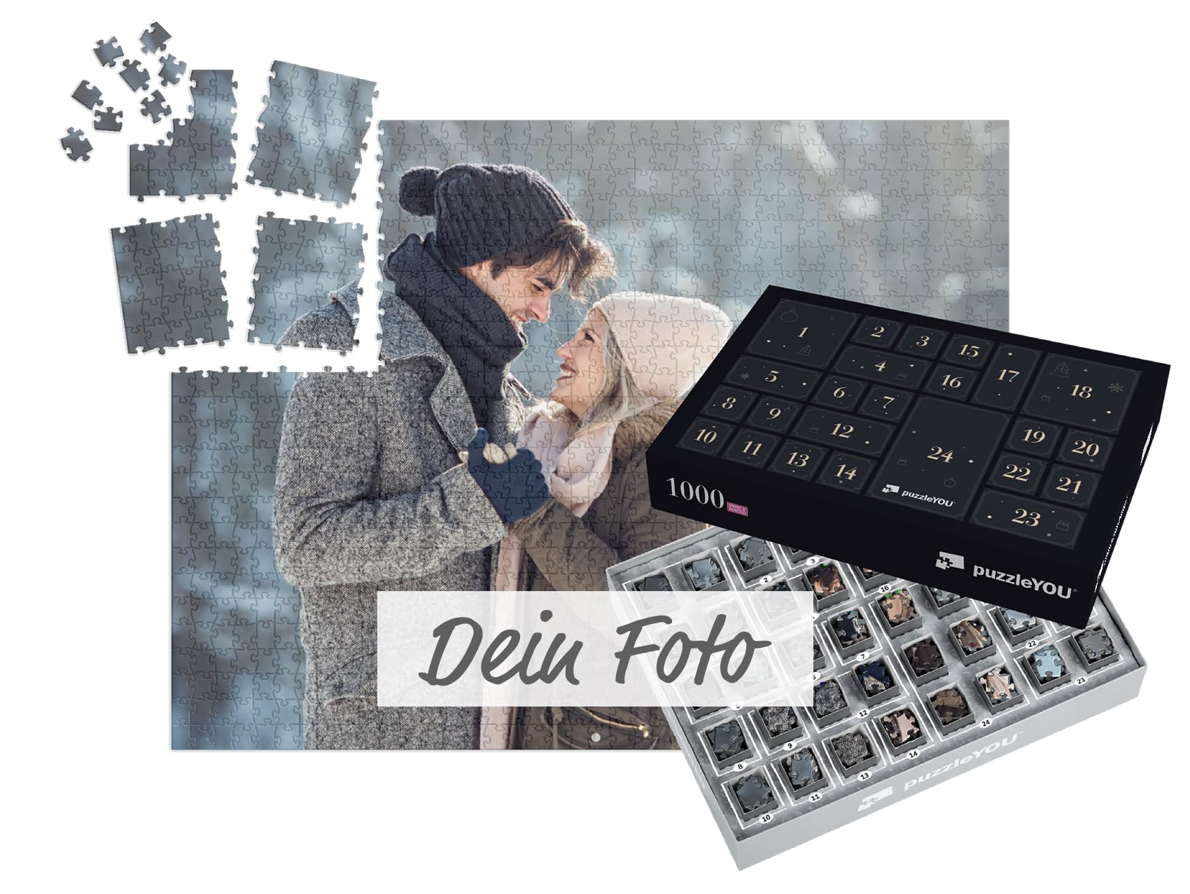 Persönlicher Puzzle Adventskalender - mit eigenem Bild als Fotopuzzle personalisierbar, 1000 Puzzleteile passend vorsortiert, jeden Tag ein passendes Puzzlesegment - Design "Ebenholz"