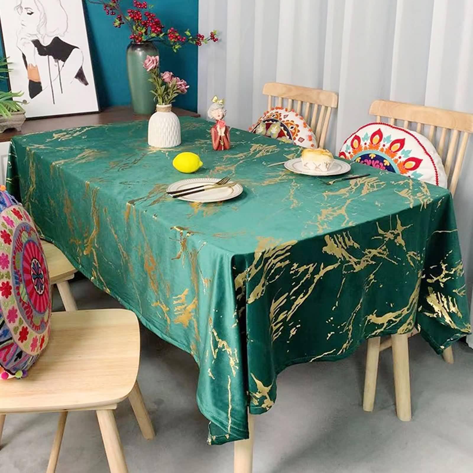 Nappe rectangle 140x180 aspect lin vert à motif marbré pour table de cuisine