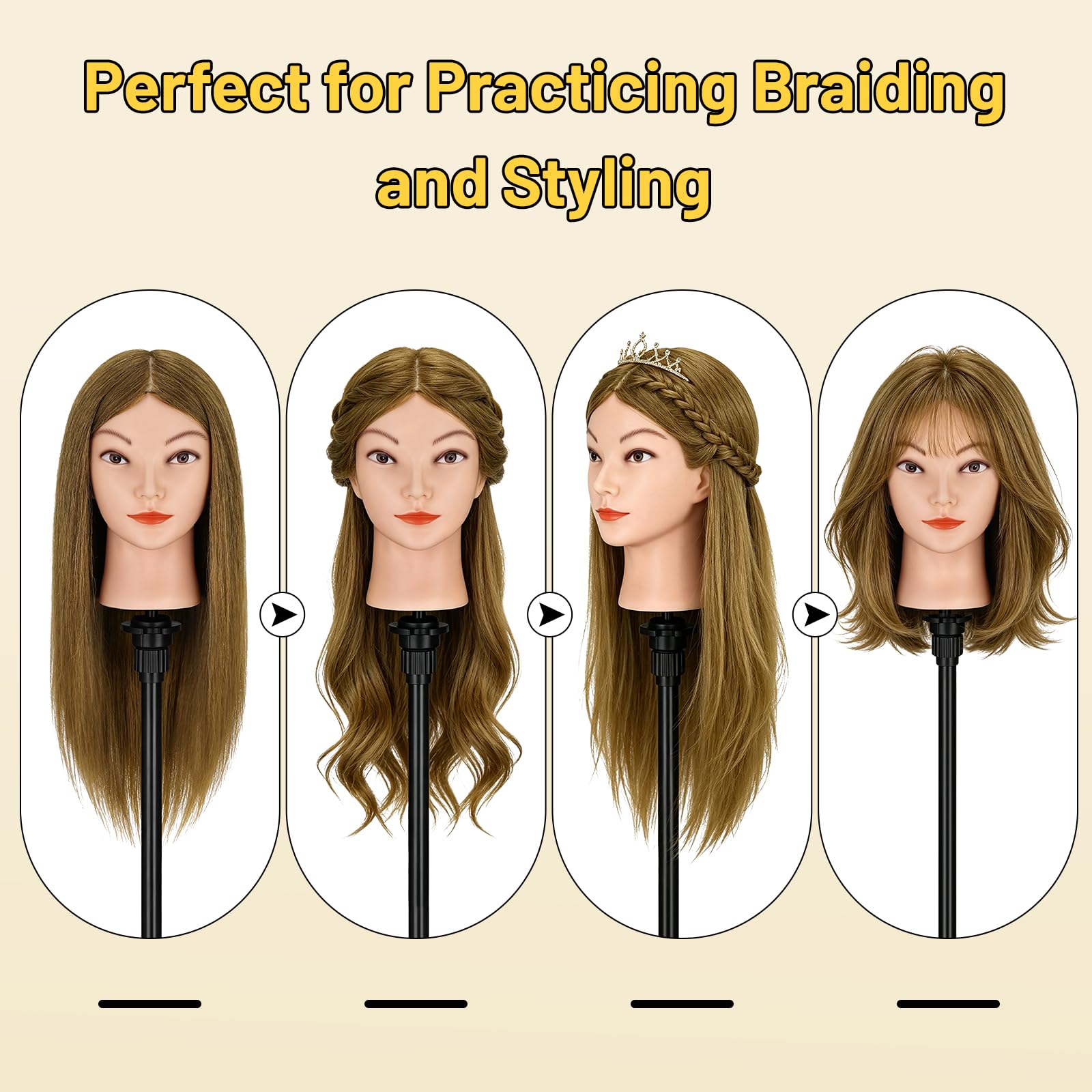 Yofuly Friseur-Trainingskopf, 45,7 cm, 100 % Echthaar, Manikin-Kosmetologie-Puppenkopf zum Flechten und Haarstyling, Übungskopf mit Tischklemme + DIY-Zopf-Set (Hellbraun)