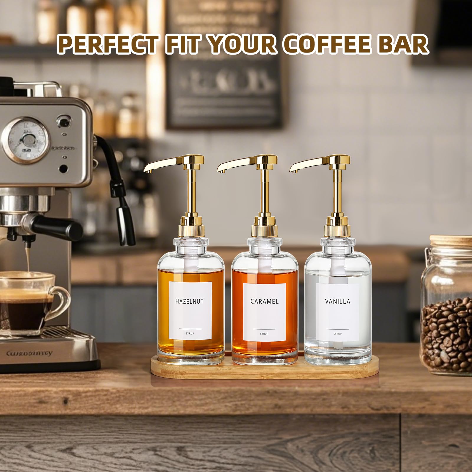 Dispensador de jarabe de café, dispensador de bomba de jarabe de vidrio para accesorios de barra de café, botellas de jarabe de arce con bandeja, botellas de jarabe simples con bomba dorada