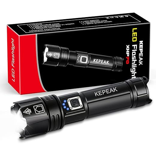 KEPEAK Rechargeable LED Flashlights High Lumens, 9000 Lumens Tactical Flashlight XHP70, Zoomable, Waterproof, Handheld Flashlight for Camping Emergency