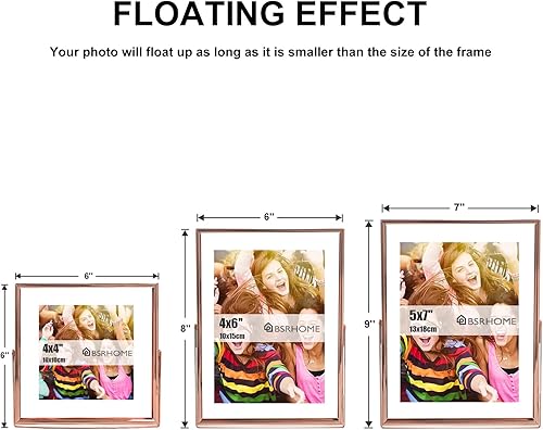Miniatura 2 de Marcos flotantes de 5 x 7, 4 x 6, 4 x 4 con vidrio, marcos de fotos de metal para exhibición independiente de mesa, juego de 3 unidades color oro