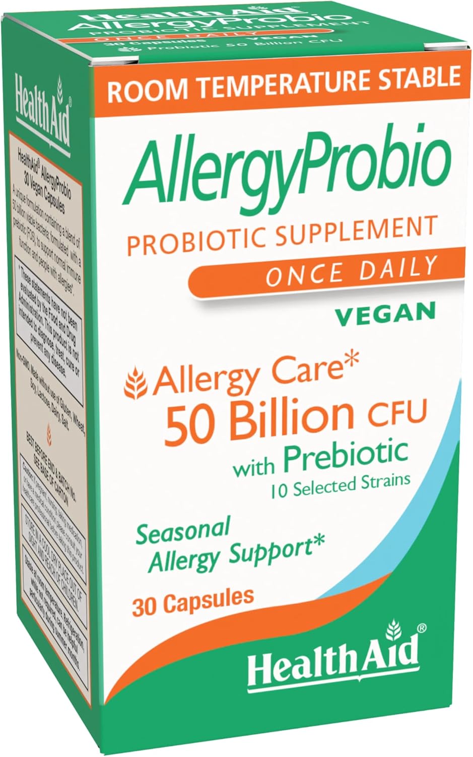 HealthAid AllergyProbio, 50 Billion CFU Vegan Probiotic with Prebiotic, 30 Capsules, Once Daily Seasonal Allergy Support