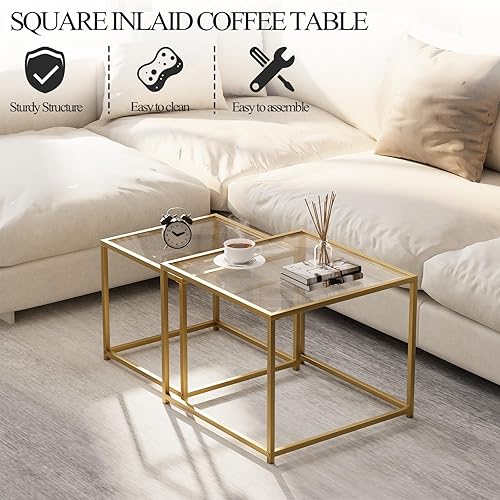 Miniatura 3 de Mesa de centro de cristal moderna para sala de estar, juego de 2 mesas anidables minimalistas para sala de estar, tapa de vidrio templado con marco