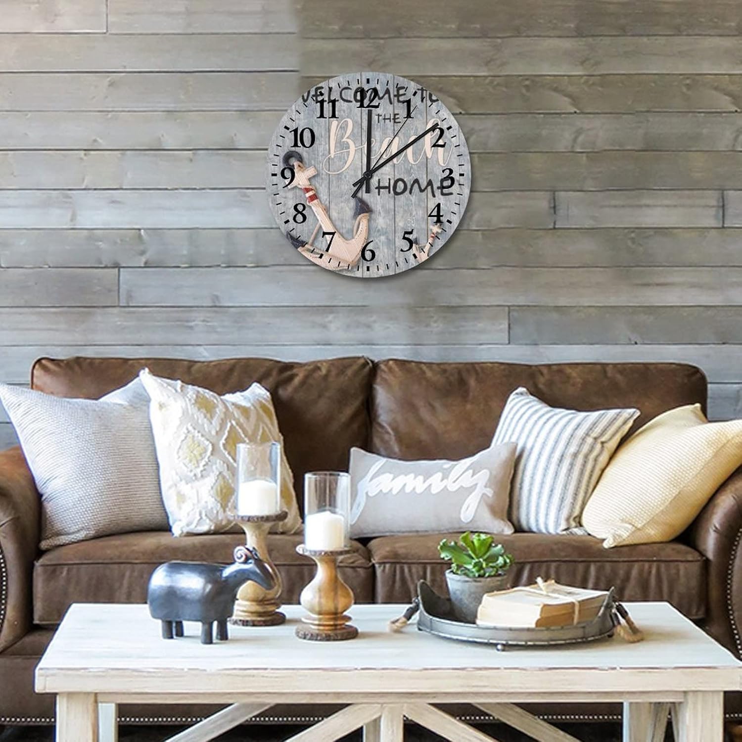15 Inch Welcome to The Beach Home Small Wall Clock Battery Operated Silent Non-Ticking Funny Beach Bathroom Decor Farmhouse Clock Arabic Numbers Round Clock for Living Room Office