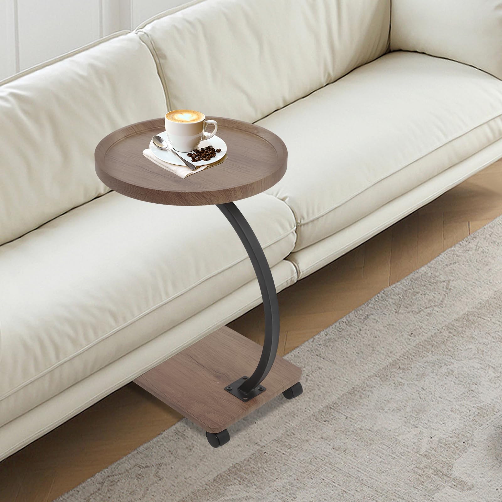 Mesa auxiliar en forma de C, sofá mesa auxiliar con ruedas, pequeña mesa de café de madera de metal, mesa de café móvil, mesa lateral estrecha, mesita de noche para salón, dormitorio, cama
