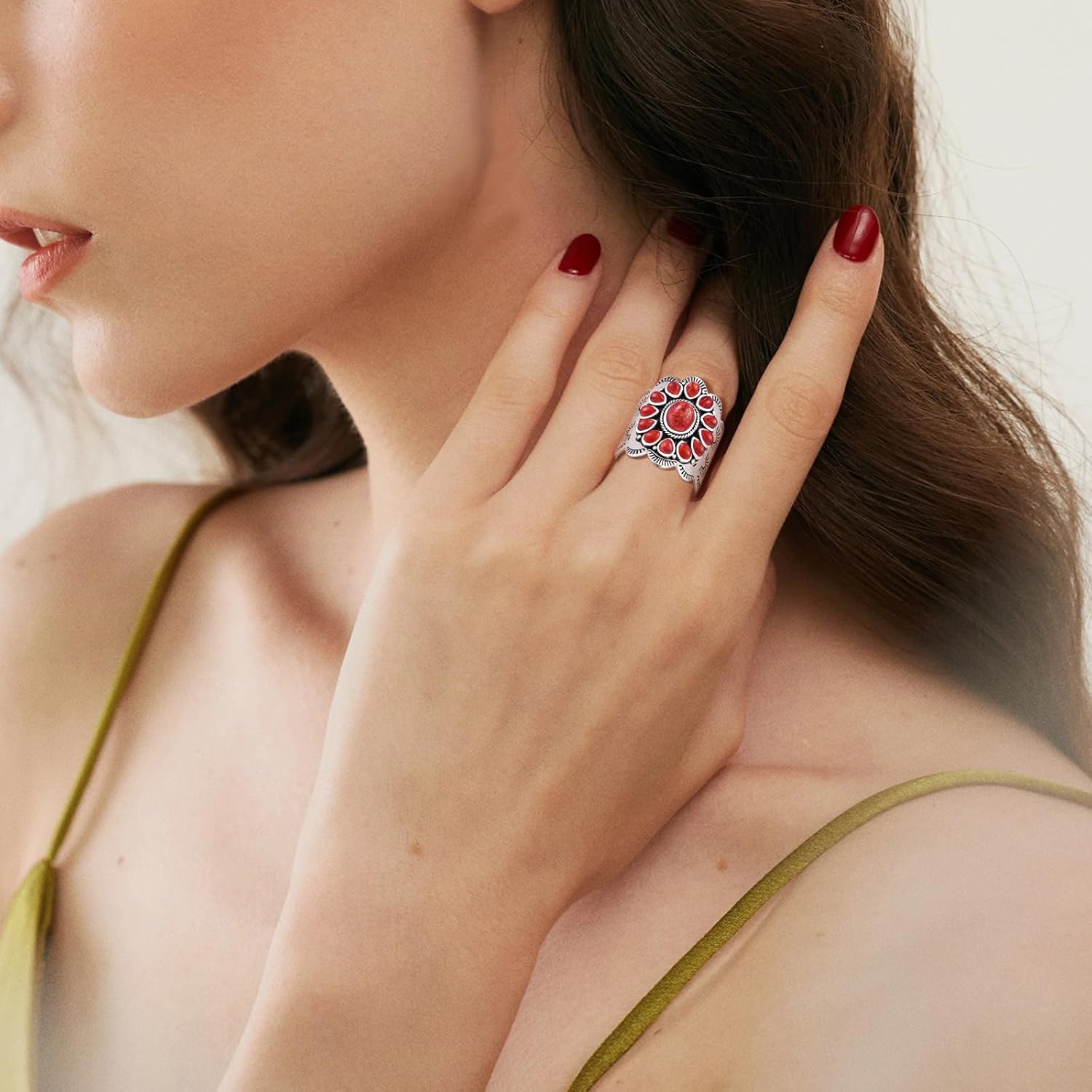 Turquoise Rings for Women, 925 Sterling Silver Vintage Statement Ring with Coral Spiny Oyster, Multi Color Boho Band, Size 6-10