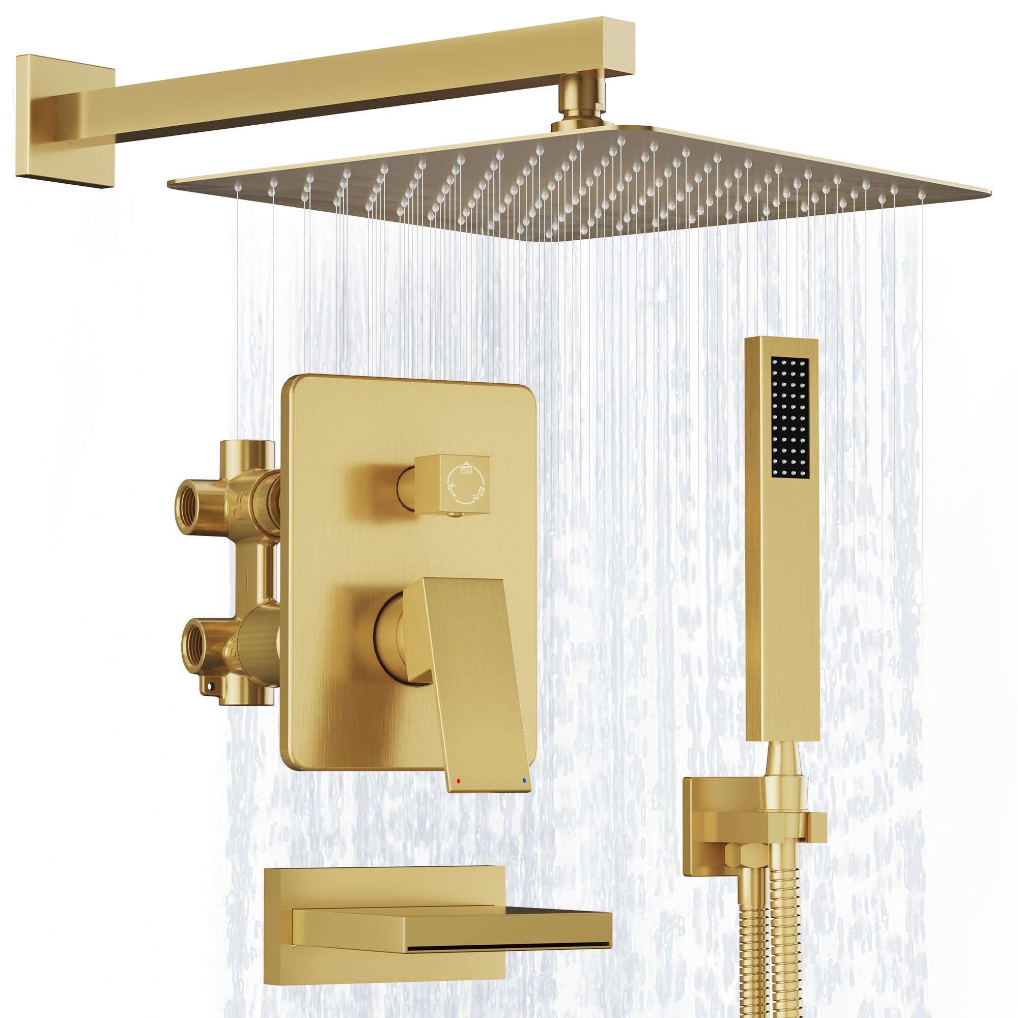Photo 1 of Kurpot Brushed Gold Shower System, All Metal Gold Shower Faucet Set with Tub Spout, 10'' Gold Shower Head with Handheld, 59'' Shower Hose, Shower Valve and Diverter, Wall Mounted Bath Tub Faucet Set