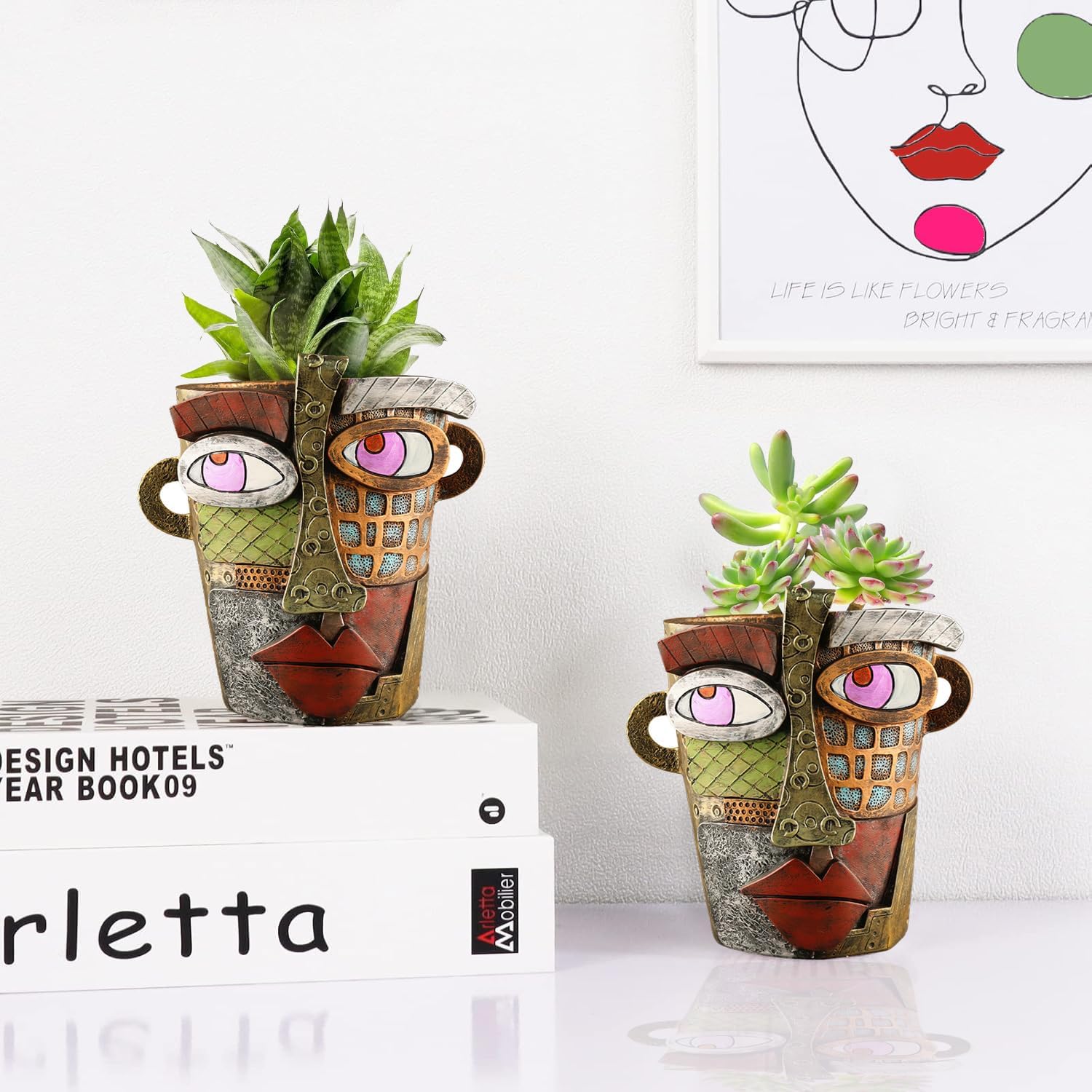 Abstract Face Flower Pots Head,Creative Inspiration Succulent pots,Head Planter with Drainage Hole,Colorful Plant Pots for Outdoor Garden Decor and Home Art Decoration(Retro)