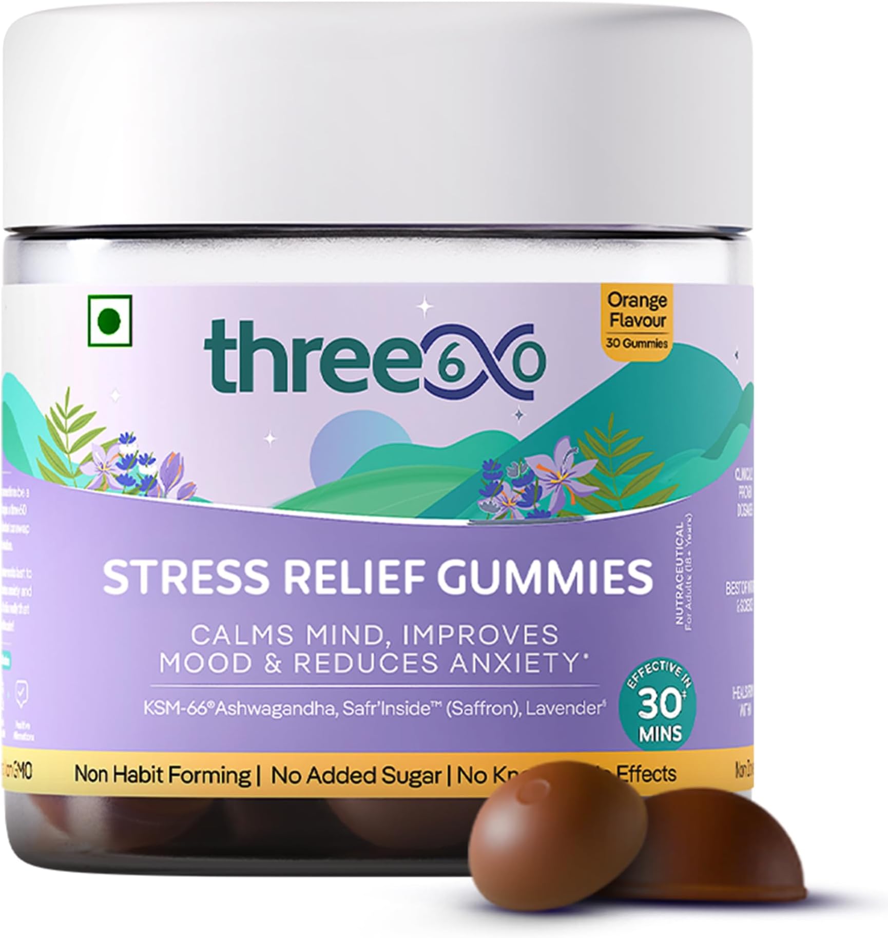 three60 STRESS RELIEF Gummies |Reduces Stress & Cortisol Levels |Helps in Anxiety Relief & Calms Mind |KSM-66® Ashwagandha, Safr’InsideTM (Saffron), Lavender|Non-Habit Forming|30 Stress Relief Gummies