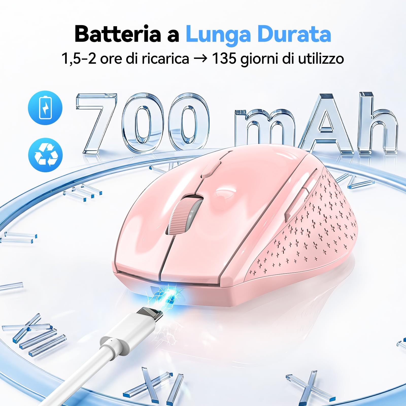TECKNET PRO Mouse Bluetooth Ricaricabile (2BT5.0+2,4GHz), Mouse Wireless (Rosa)