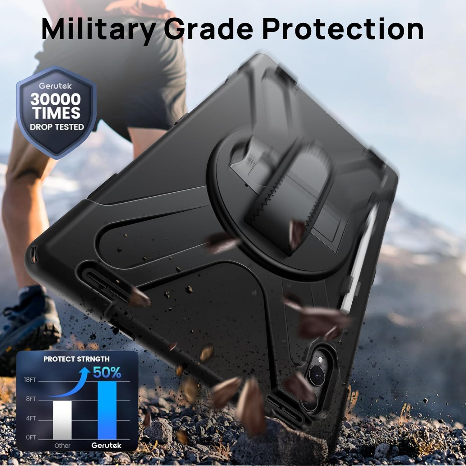 Gerutek Case for Samsung Galaxy Tab S11 Ultra 2025 14.6", Full-Body Drop Protective Case with Screen Protector, Pen Holder, 360° Rotate Hand Strap & Stand,Shoulder Strap, Black