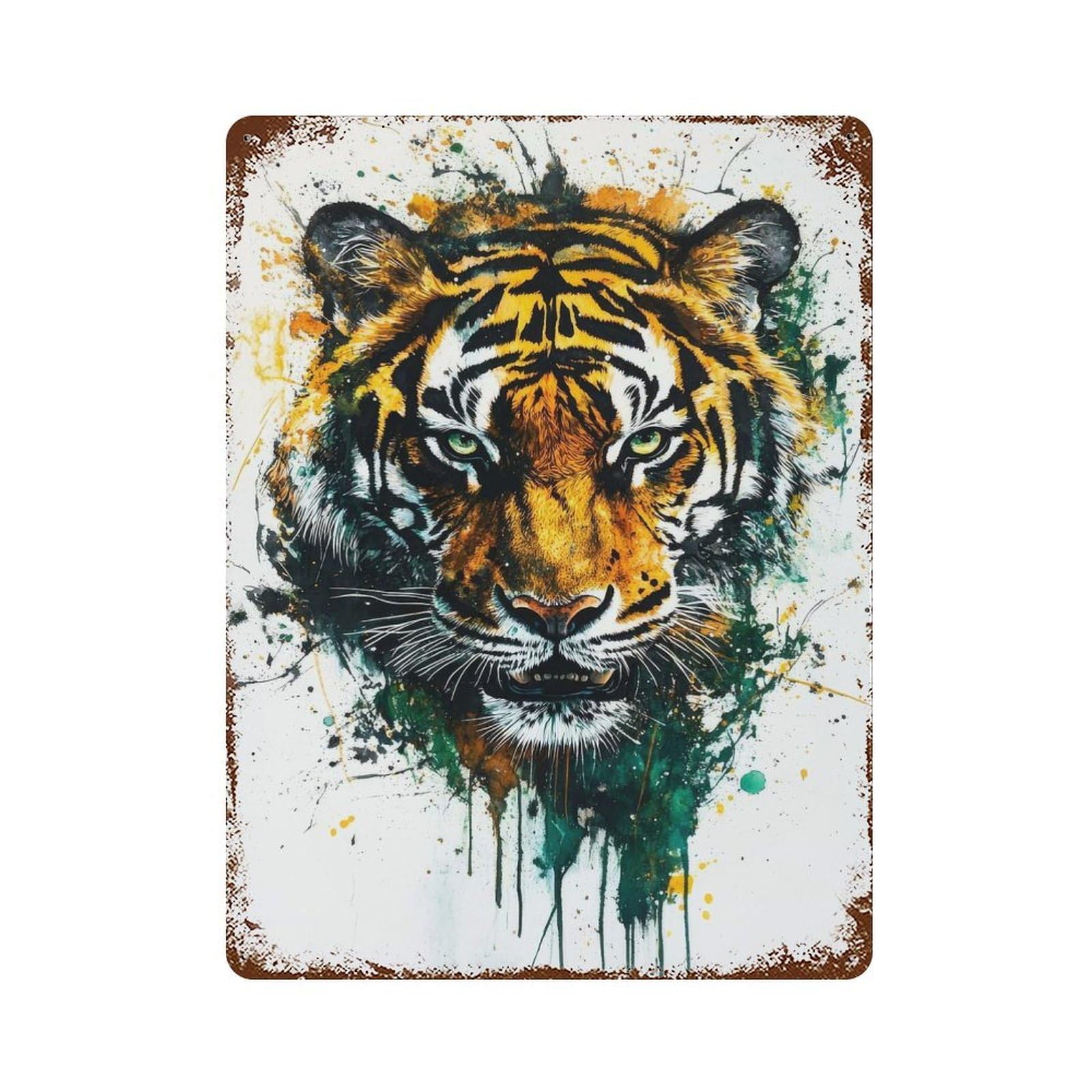 Distressed Metal Wall Sign Fierce Tiger Watercolor Art Print Bold Wall Decor for Nature Lovers Tiger Portrait with Splashes... 15.7"x11.8", Vintage Wall Decor for Garage, Bar And Workshop Decor