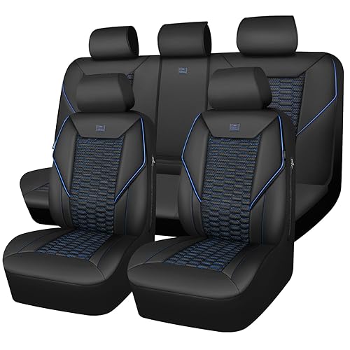 CAR PASS 3D Foam PU Leather Car Seat Covers Full Set,Luxury Breathable Faux Leather Seat Covers for Car,Anti Slip Universal Fit for SUVs Vans Sedan Truck Auto,Armrest Airbag Compatible,Black and Blue