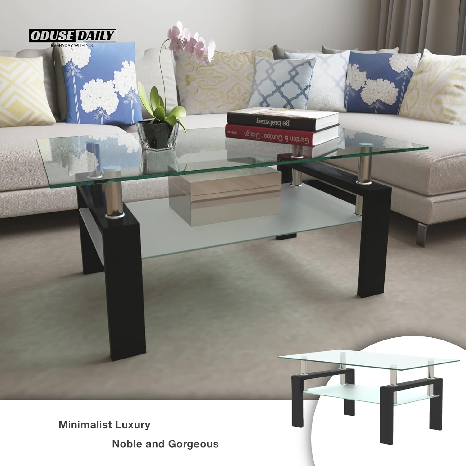ODUSE-DAILY Morden Design Rectangle Glass Coffee Table for Living Room, with Black Metal Legs, Clear Tempered Glass