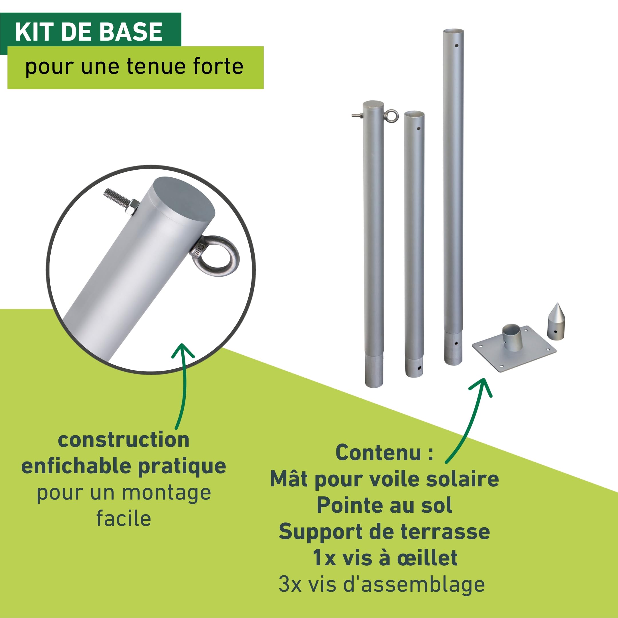 Windhager mât de voile solaire - poteau de voile d'ombrage - mât en acier - barre de support - inoxydable - hauteur de mât max. 243 cm