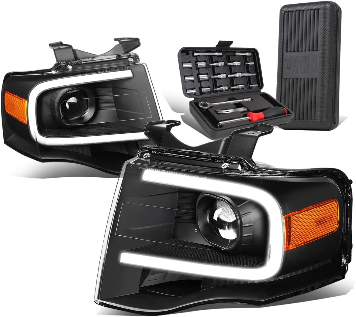 Auto Dynasty Halogen Model 3D LED DRL Projector Headlights Assembly and Tool Kits Compatible with Ford Expedition 07-14, Driver and Passenger Side, Black Housing Amber Corner
