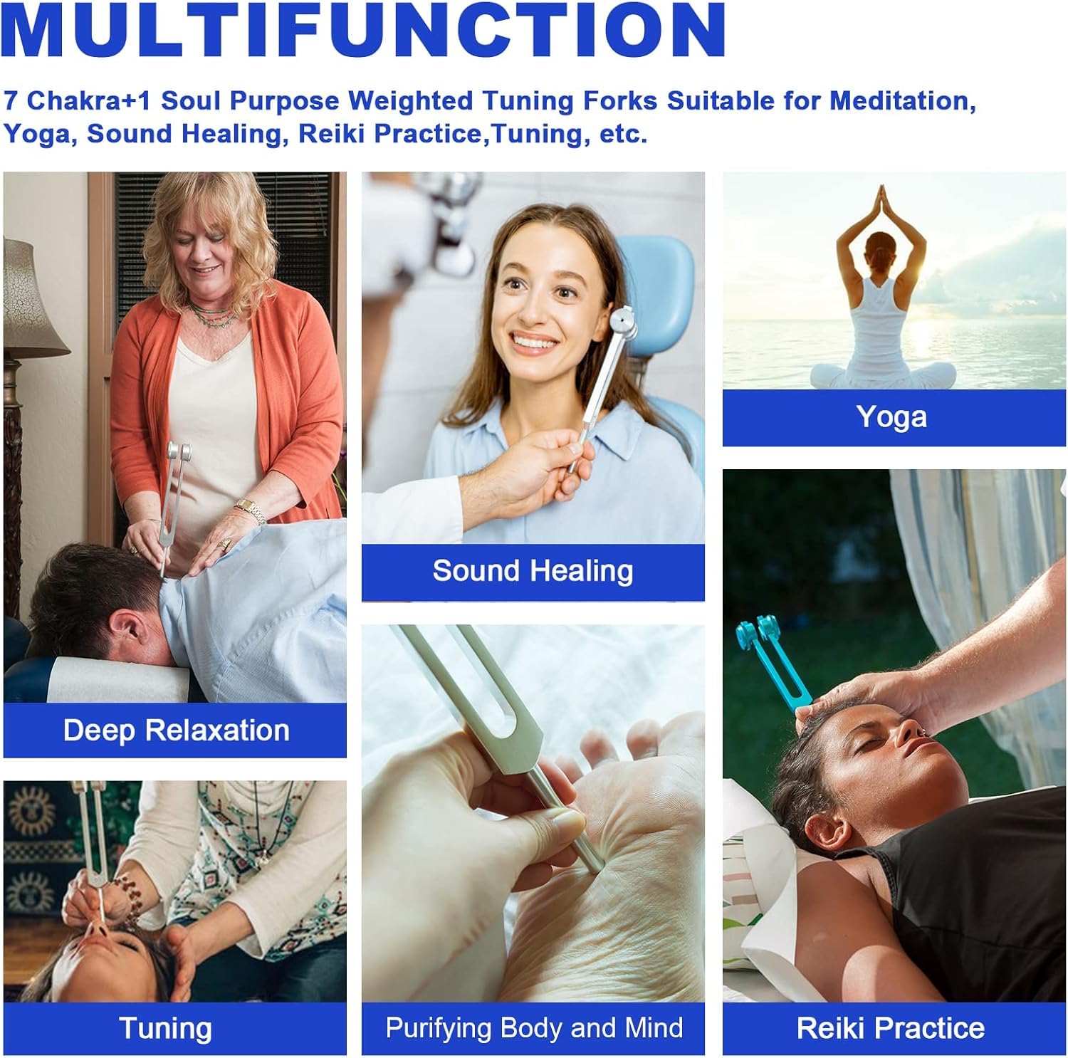 Diapason Therapeutique, Diapasons avec 1 Marteaux en Silicone et Chiffon de Nettoyage, Set de 8 Diapasons de Fréquences Différentes Idéal pour la Thérapie des Chakras, le Soulagement Stress