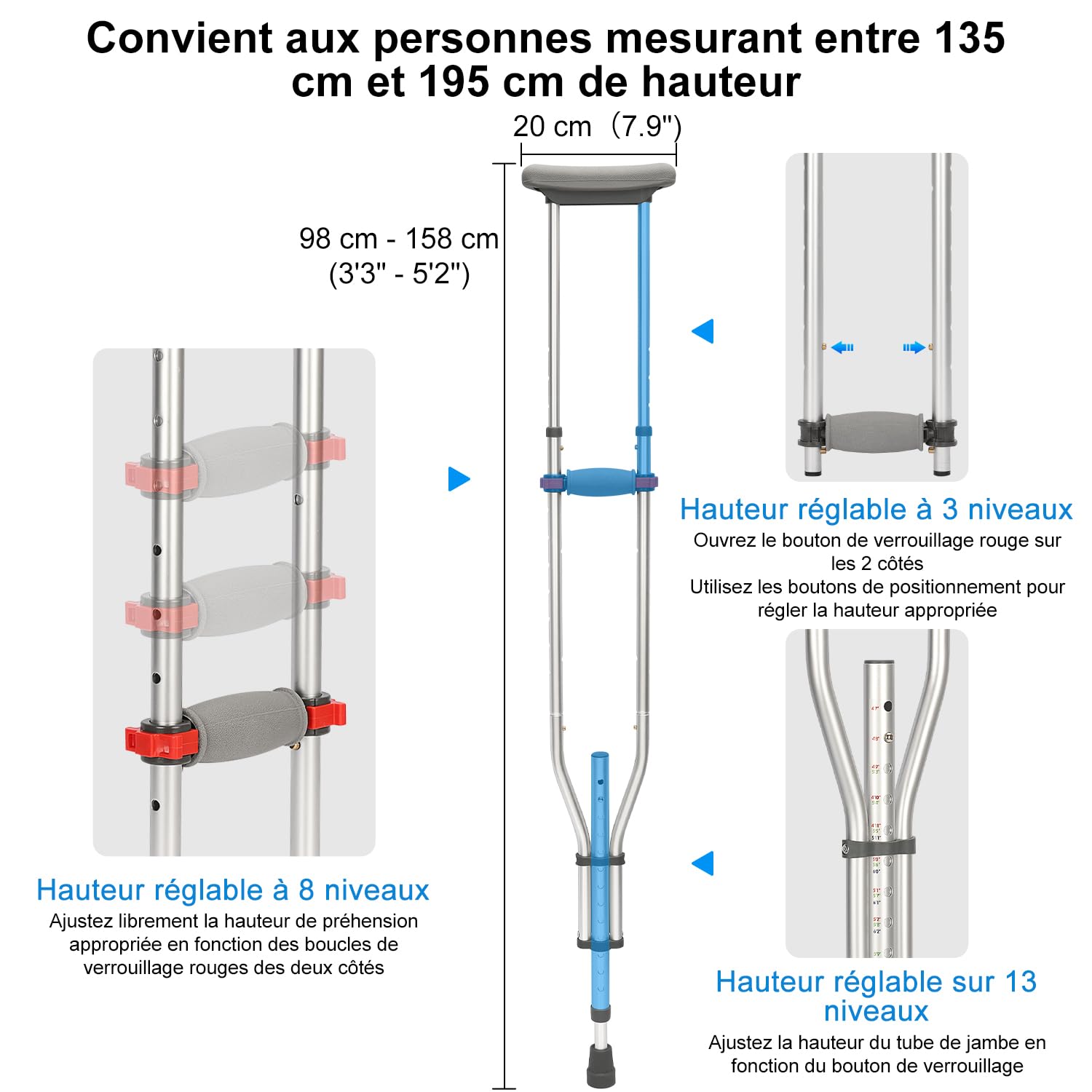 supregear Béquilles Sous les Aisselles, 1 Paire Béquilles Universelles en Aluminium Léger pour Personnes Âgées, Adultes et Adolescents, Béquilles d’Avant-bras Réglables avec Coussinets Souple