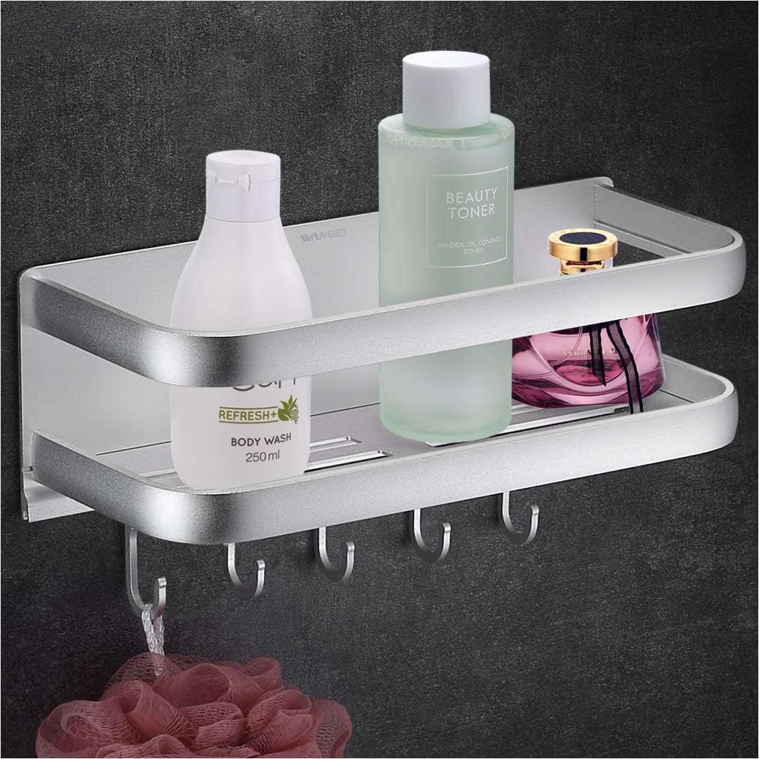 Wangel Strong Adhesive Storage Basket with 5 Hooks, for Bathroom and Kitchen, Patented Glue + Self-Adhesive, Aluminum