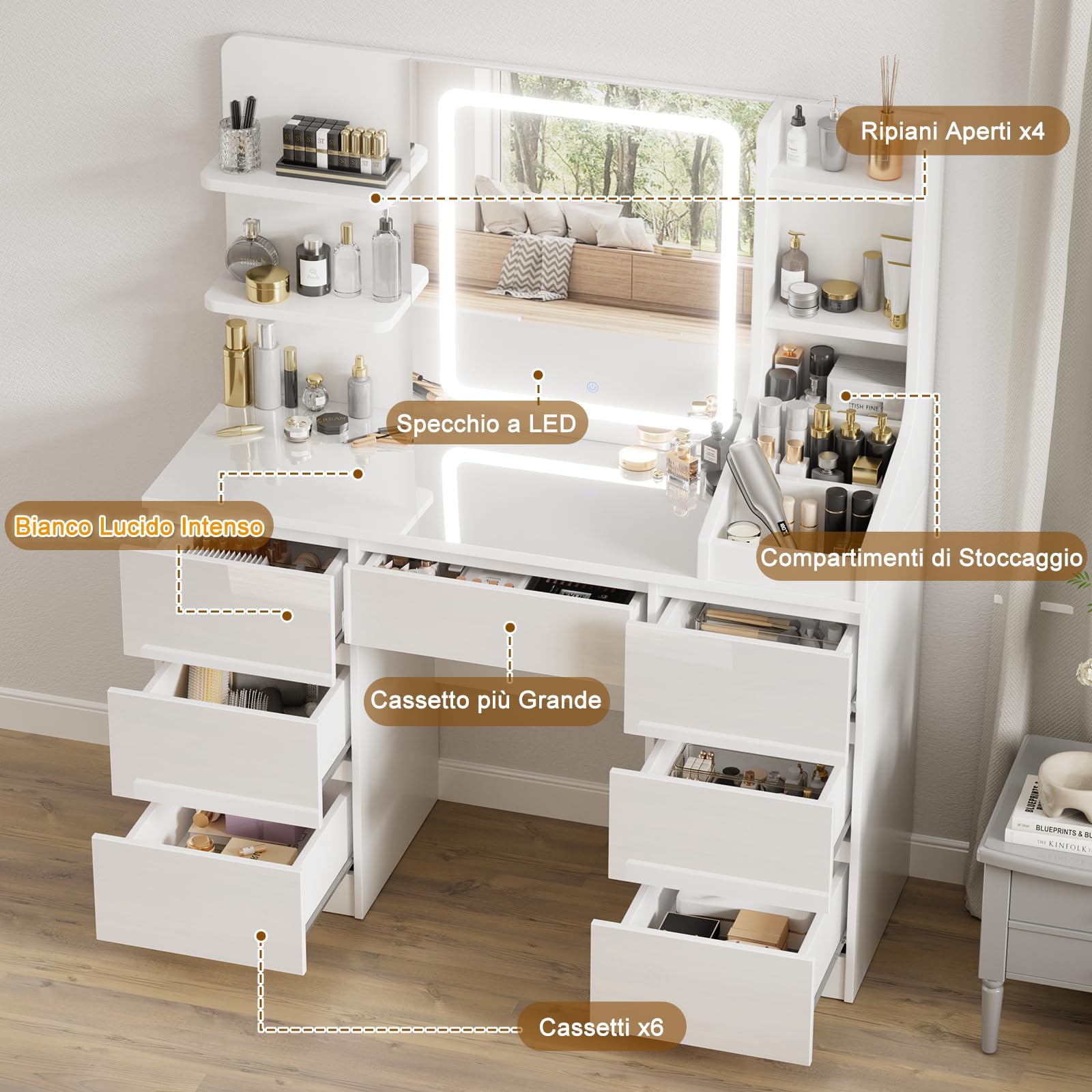 TRIUMPHKEY Toeletta da Trucco con Luci LED,Postazione Trucco,Toletta con Specchio,Tavolo da Trucco on 4 Ripiani,7 Cassetti e 3 Scomparti Aperti,Moderna (Bianco Lucido)