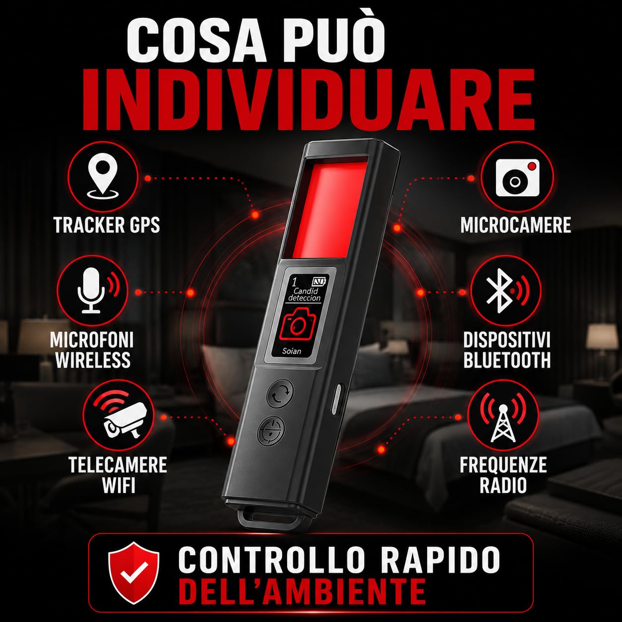 Rilevatore Multifunzione Professionale Anti Spia – Scanner per Telecamere Nascoste, Microspie, GPS e Segnali RF – Rilevamento WiFi, Bluetooth, GSM, 4G/5G con Sensore Magnetico (X30)