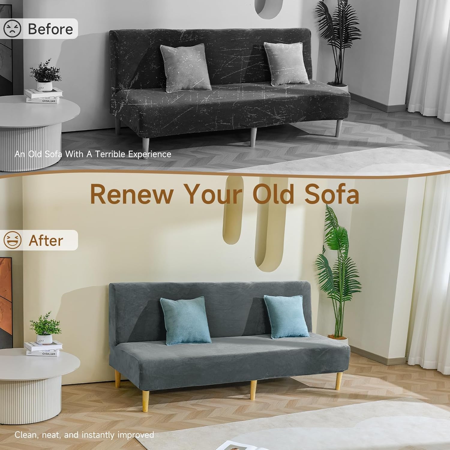 Armless Futon Cover Velvet Futon Slipcover Soft Stretch Couch Covers with No Arm Sofa Bed Cover with Non-Slip Thick Plush Furniture Protector Washable Couch Slipcovers for Living Room(Dark Grey)