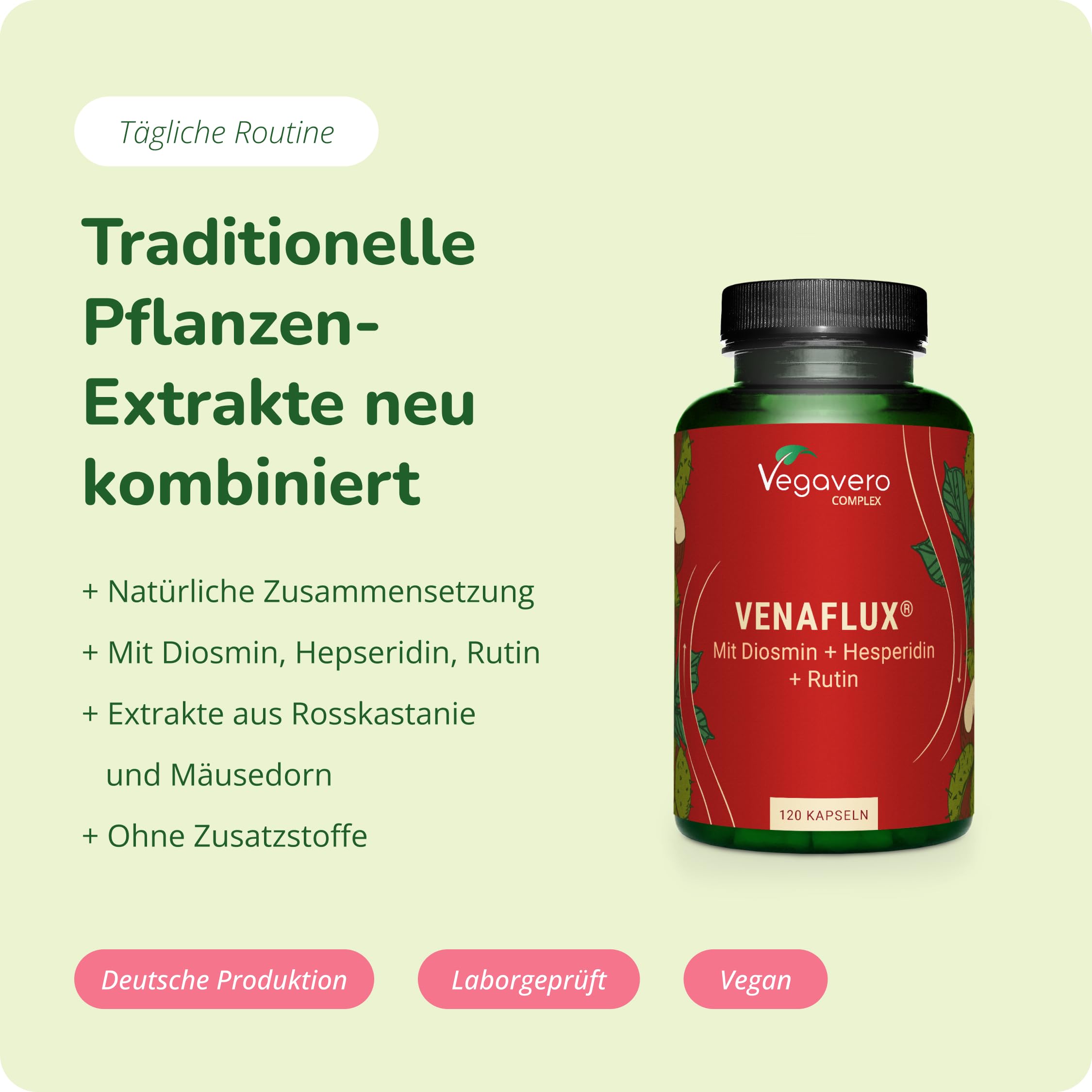 Vegavero Venaflux Kapseln 120 Stück - mit Hesperidin, Diosmin, Rutin, Rosskastanienextrakt & Mäusedorn - 40 mg Aescin & 7 mg Ruscogenin - Vegan, ohne Zusatzstoffe, laborgeprüft