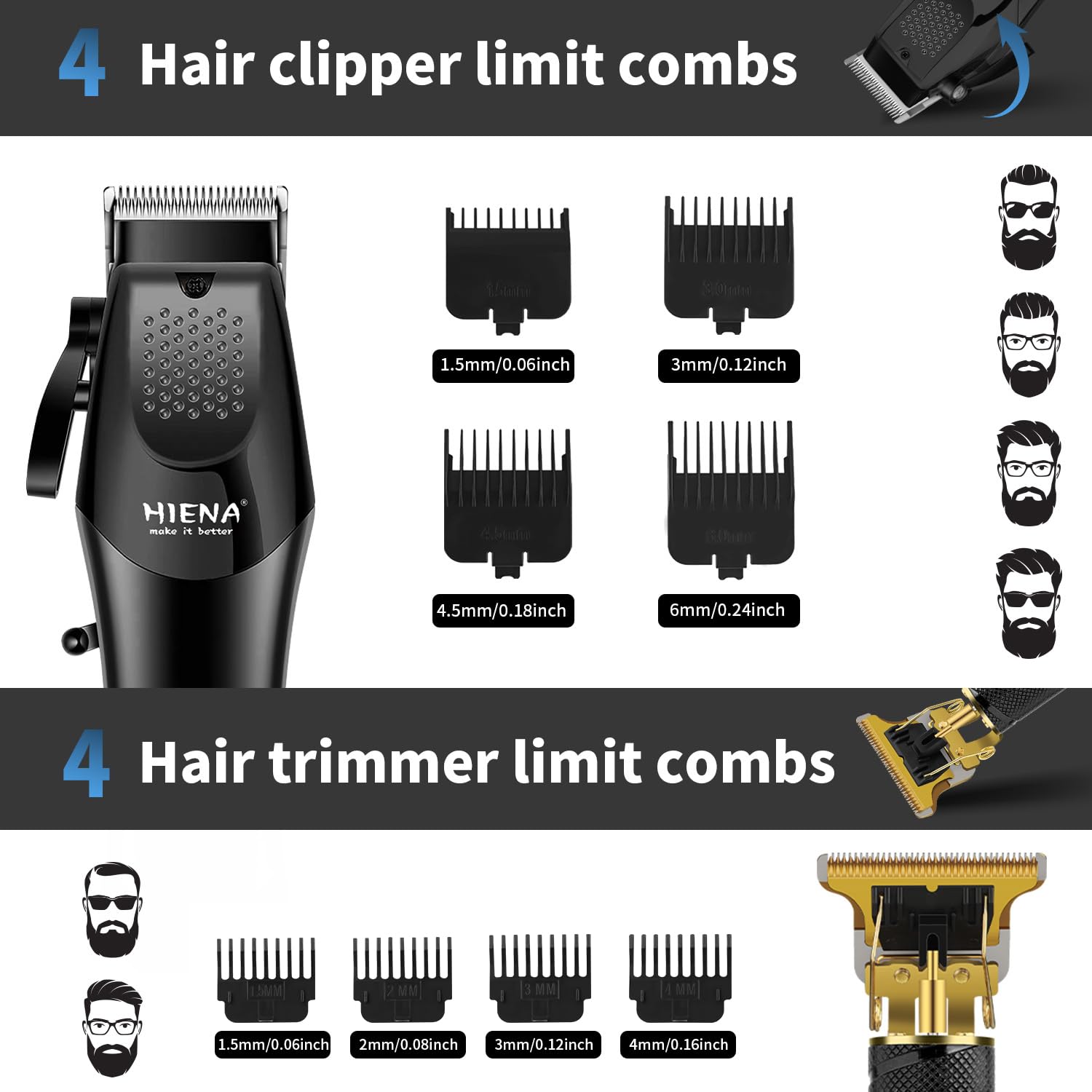 HIENA PRO Professionelles Haarschneidemaschine Set für Männer, schnurloser Friseurschneider und elektrischer Folienrasierer, Nasenhaartrimmer, Haarschneide-Set, R-Type verstellbare Klinge, LED-Anzeige