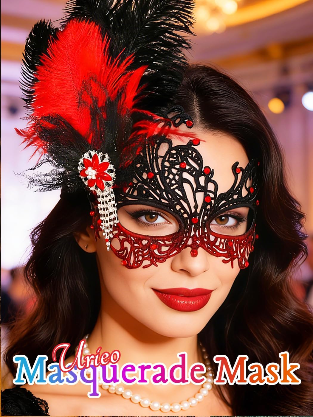 Urieo Feather Masquerade Mask Lace Venetian Mask Rhinestone Cosplay Masks for Women