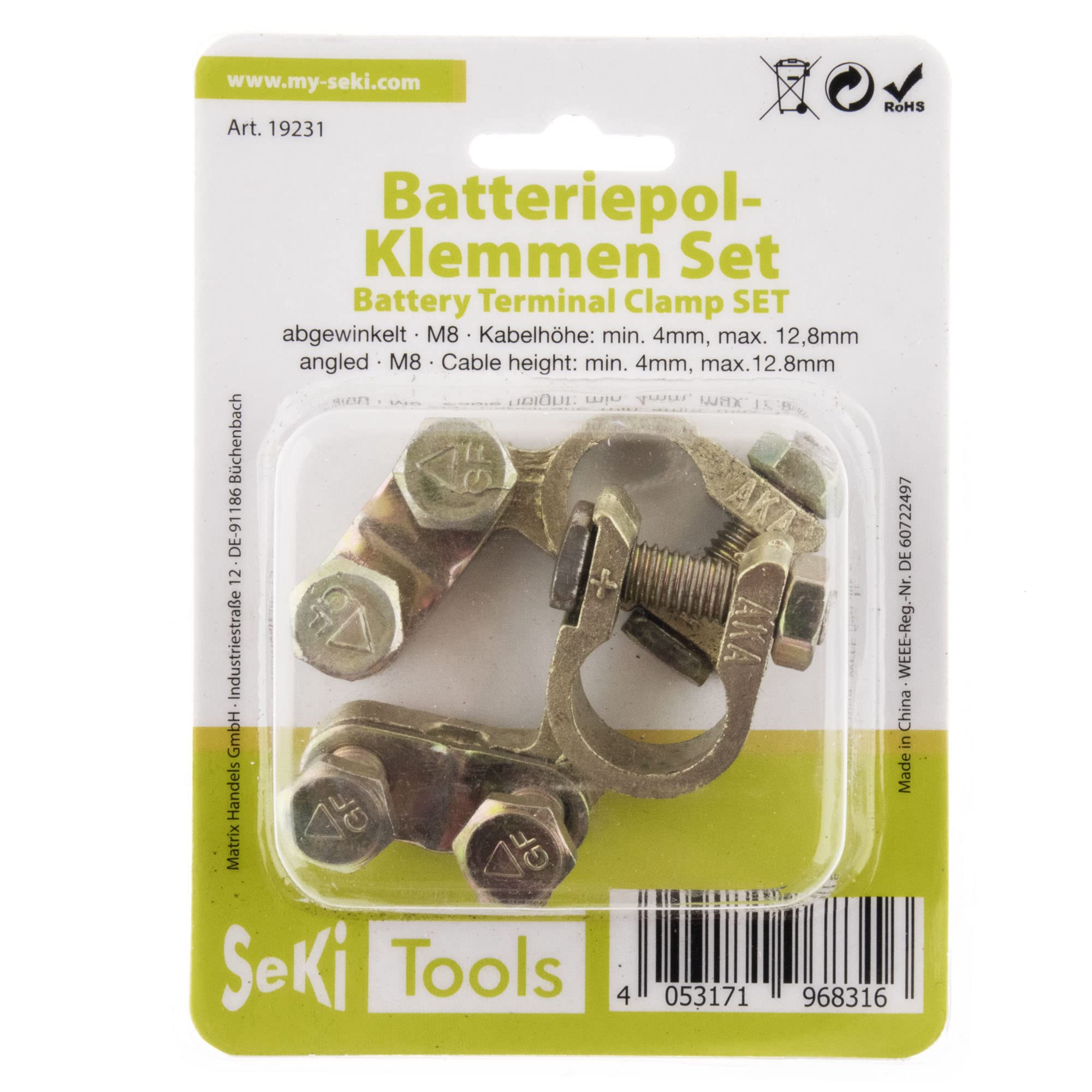 SeKi Set di morsetti per batteria (positivo e negativo), design angolato; adatto per batteria di auto, barca, camper, camion, morsetti universali