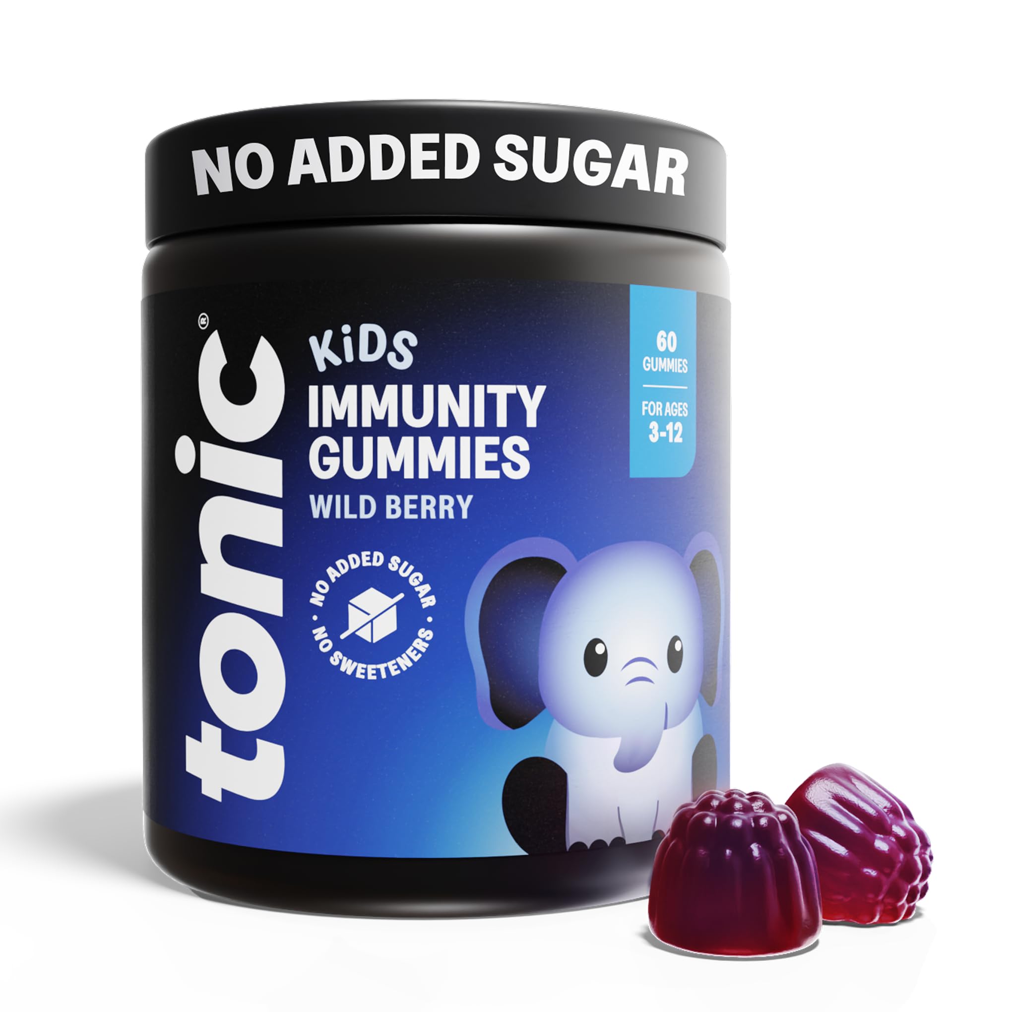 Tonic Health Kids Immunity Gummies - 7 in 1, Elderberry Gummies, No Added Sugar, No Sweeteners, Vitamins C, D and Zinc, Wild Berry Flavour, Month Supply (60 Count), Ages 3-12, Vegan.