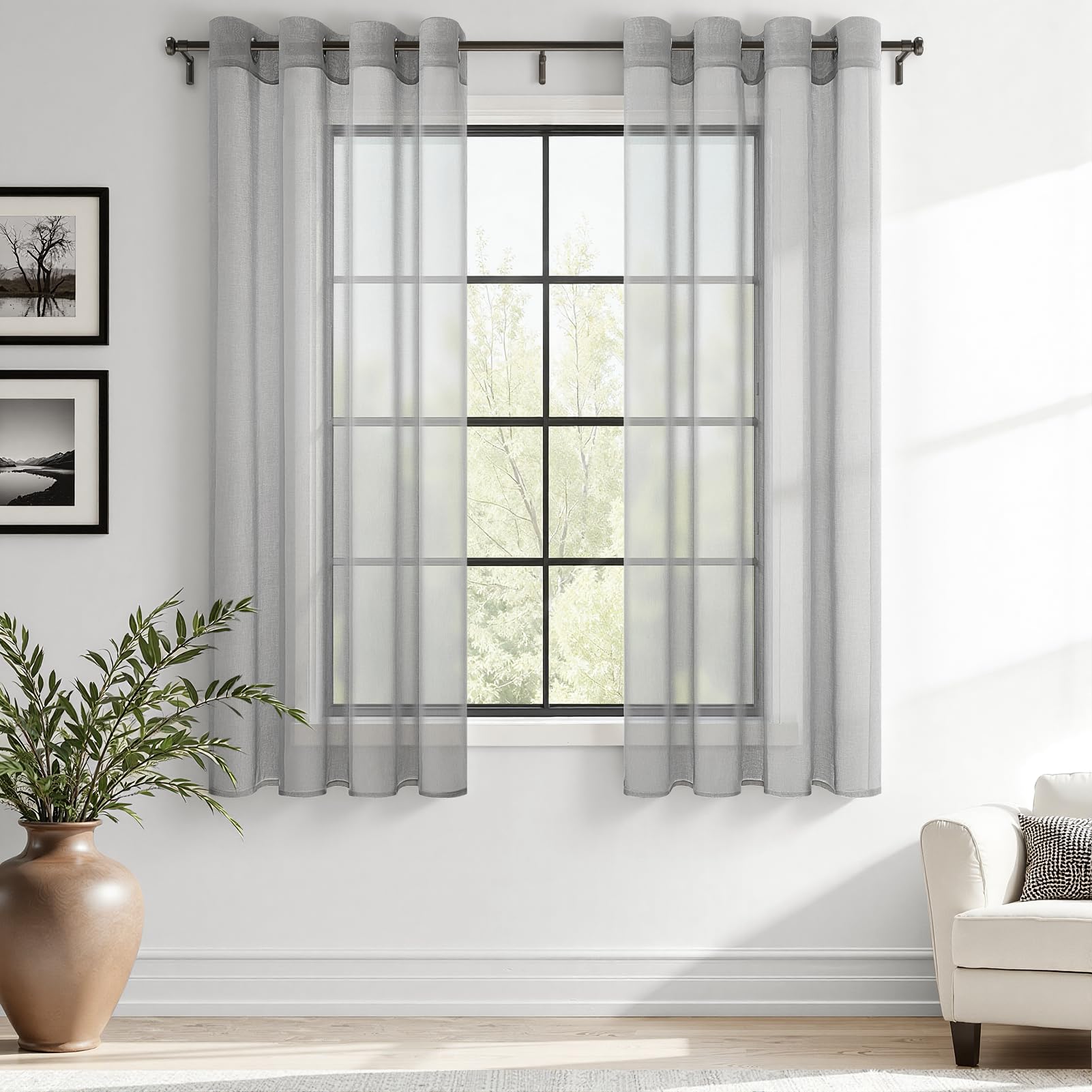 MRTREES Grey Net Curtains for Windows 66 Inch Drop, Voile Sheer Eyelet Curtains for Bedroom Living Room, 2 Panels Semi-Transparent Window Treatments 117x167 CM 46x66 Inch Grey — image 1