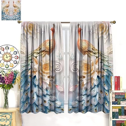 Miniatura 121 de Cortina opaca con estampado de pavo real, con estampado de animales retro, con bolsillo para cortinero y flores de peonía doradas, para dormitorio,