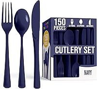 Vista 22 de Party Solids Cubiertos de plástico negro resistente, 150 piezas, cubiertos desechables negros, juegos de utensilios, 50 de cada tenedor, cuchillos