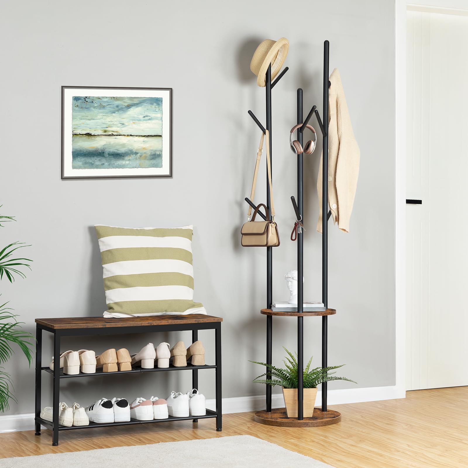 HOOBRO Garderobenständer, Freistehender Kleiderständer, Garderobe in Baumform mit 8 Haken, 2 Runde Ablagen, für Kleidung, Hut, Tasche, Wohnzimmer, Schlafzimmer, BüroDunkelbraun-Schwarz EBF33YM01G1