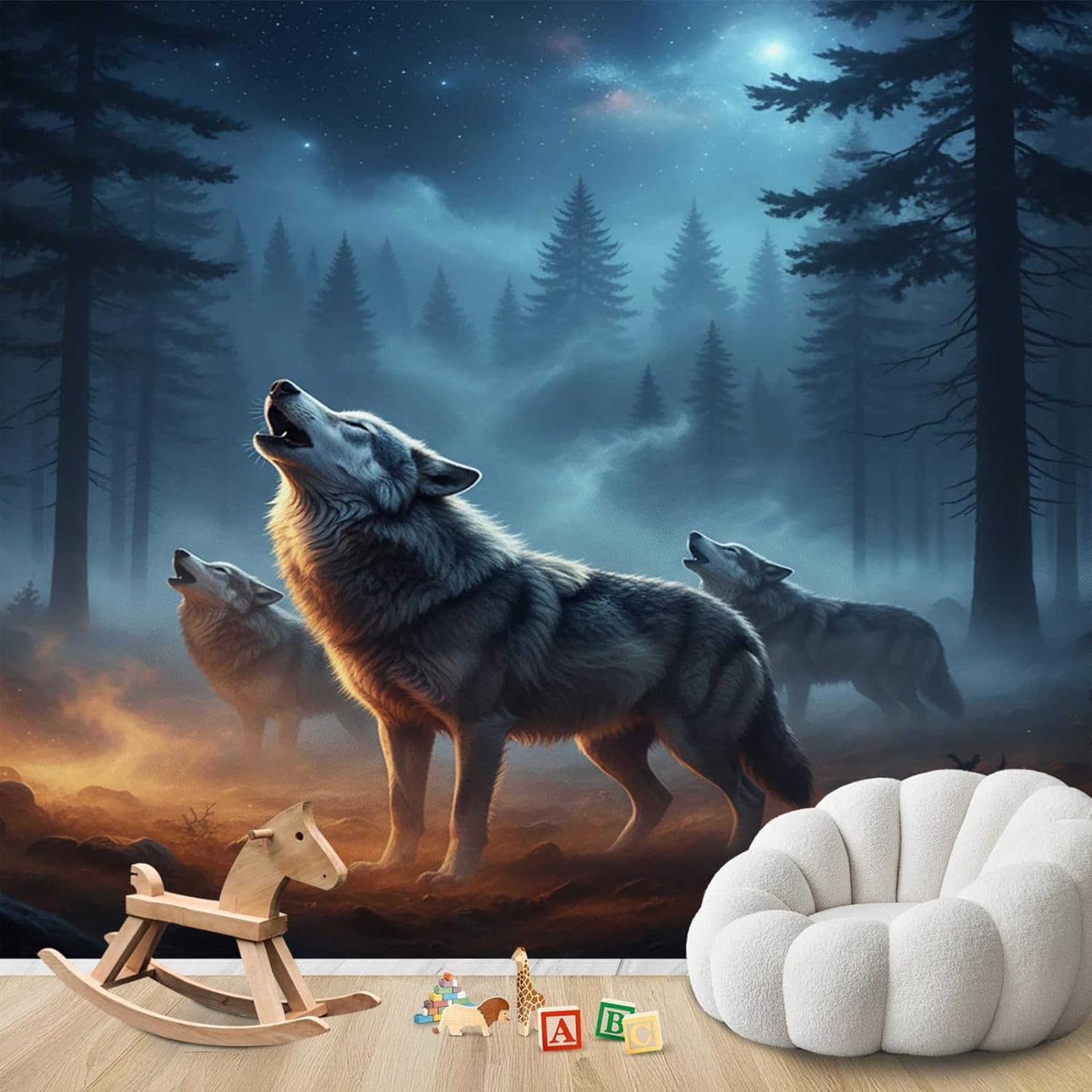 Wolf wallpaper, wolf motif photo wallpaper for bedroom, non-woven wallpaper with wild animals for living room, children's room wall wallpaper with forest landscape pattern, 250cm x 175cm stickers - fr