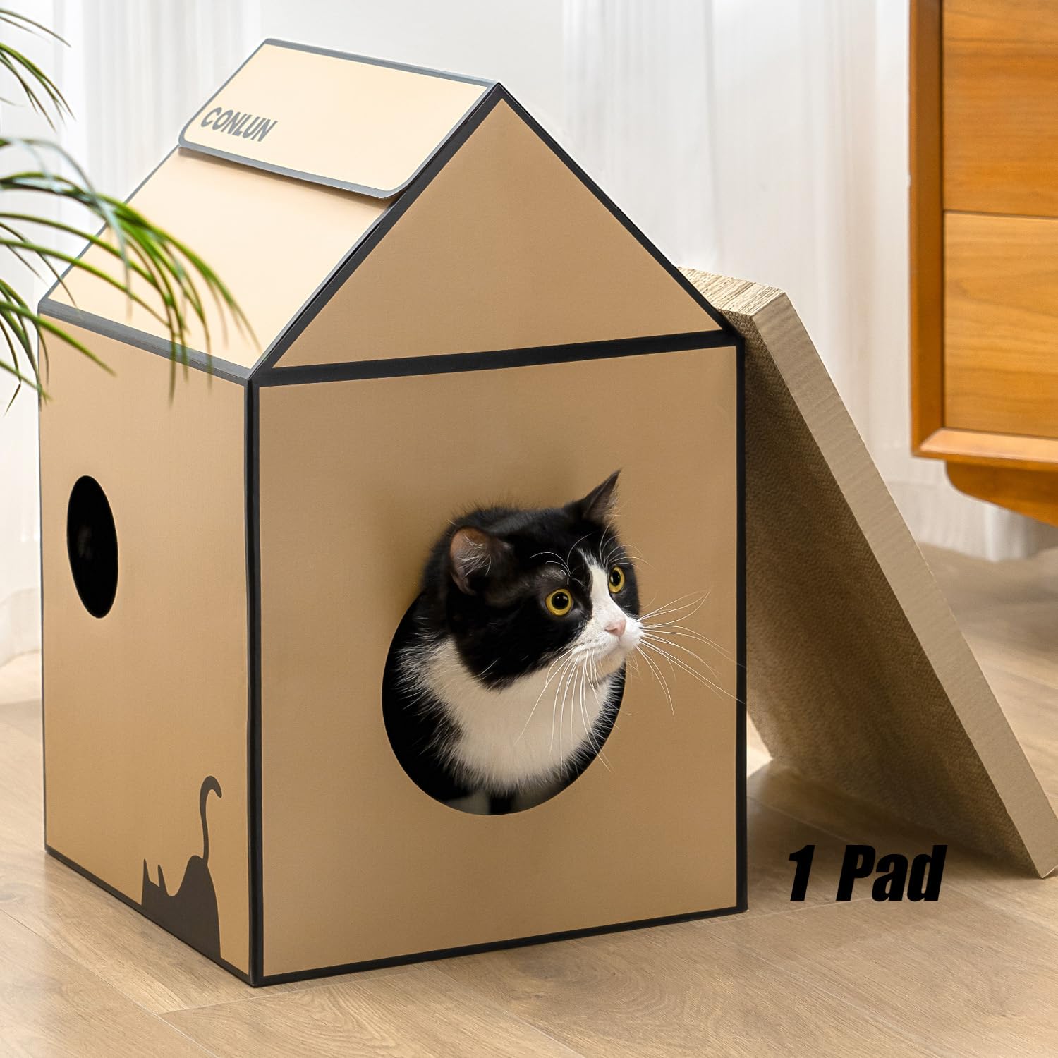 Double Layer Cardboard Cat House - Cat Scratcher & Bed 2-in-1, With Scratching Board & Hanging Toy, 17x11x21 Inches