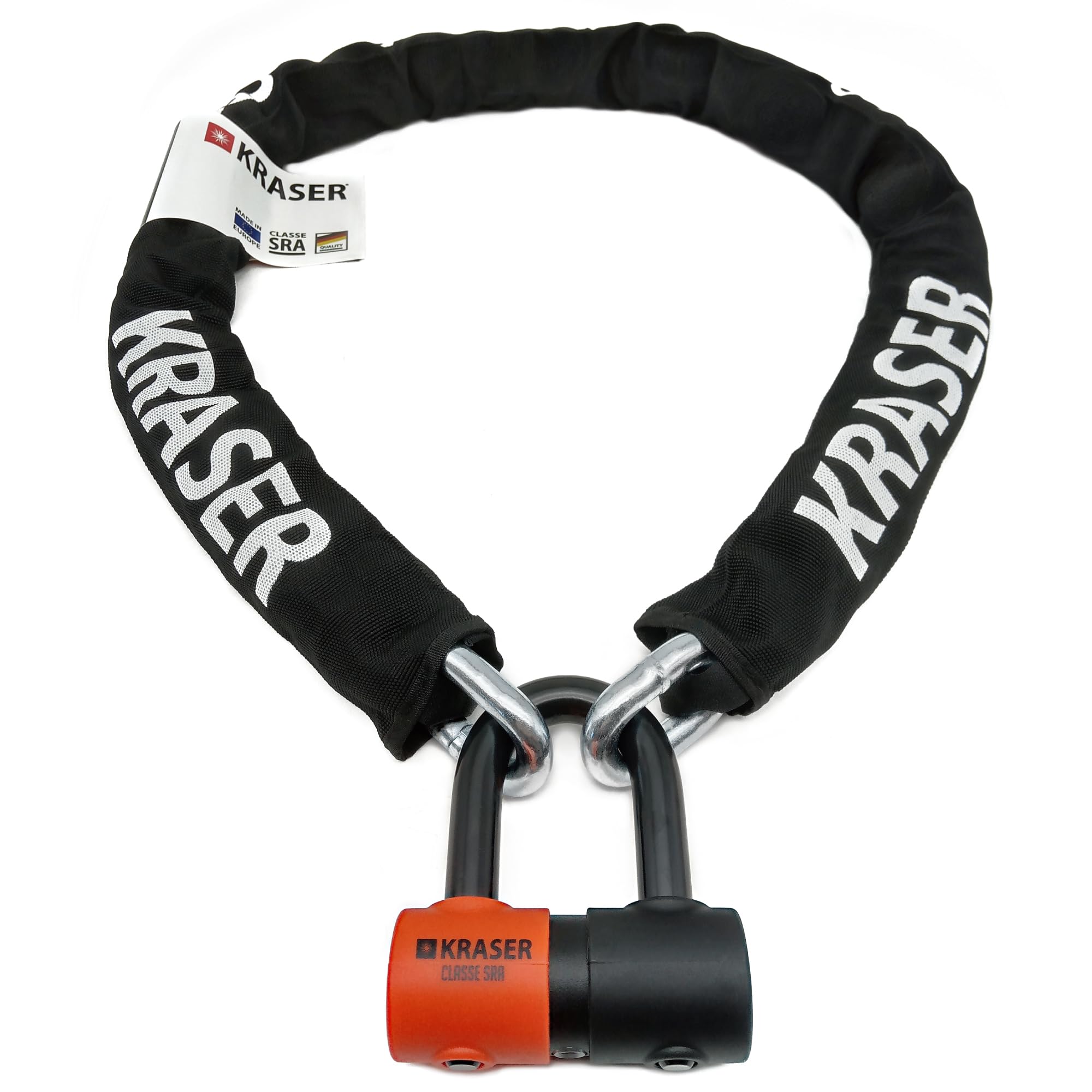 KRASER KR50150 Cadena Alta Seguridad Antirrobo Moto + Candado Moto Disco Mini U ø13.5, 150cm Homologado Classe SRA, Robusto, Full Tested Antirobo Vesátil para Motocicleta, Scooter Bici Anclaje Parking
