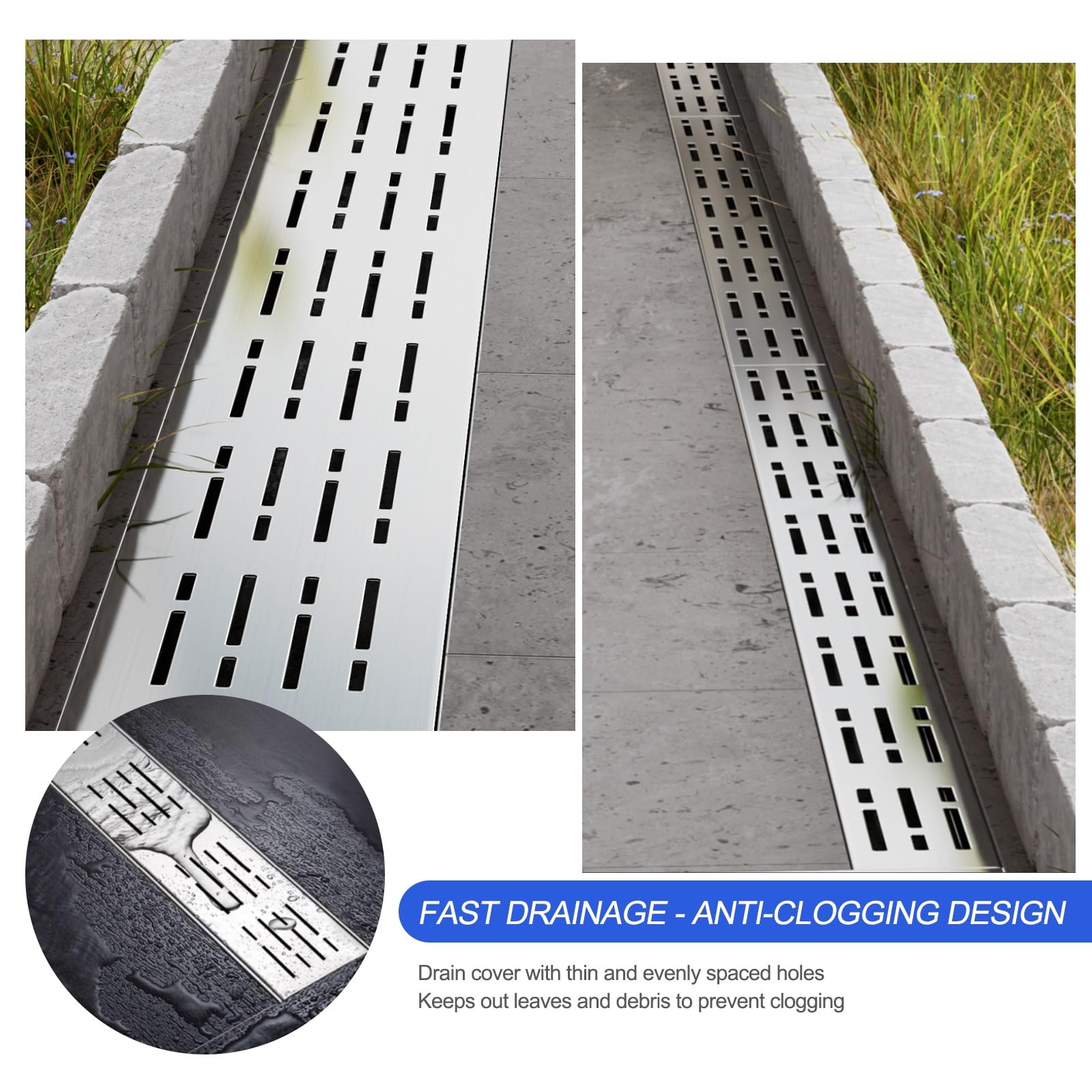 Kit de caniveau linéaire en Acier Inoxydable - Couvercle Amovible pour terrasses, trottoirs et sols en béton (10 x 4 cm) - Système de Drainage extérieur Efficace